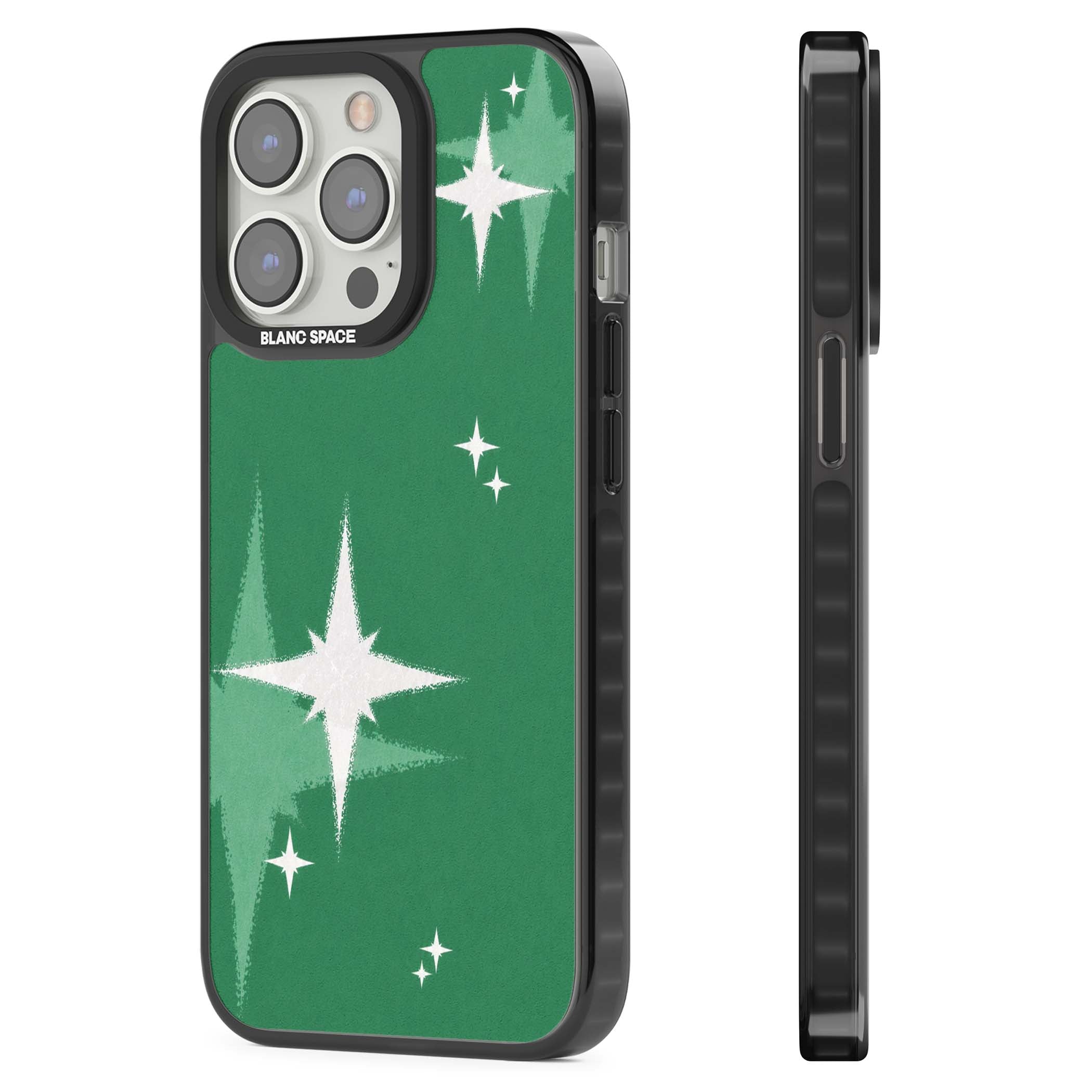 Green Sparkle celestial iPhone case featuring sparkling white four-point stars on a deep green background | Black Impact case for iPhone 13 Pro, iPhone 14 Pro, iPhone 15 Pro