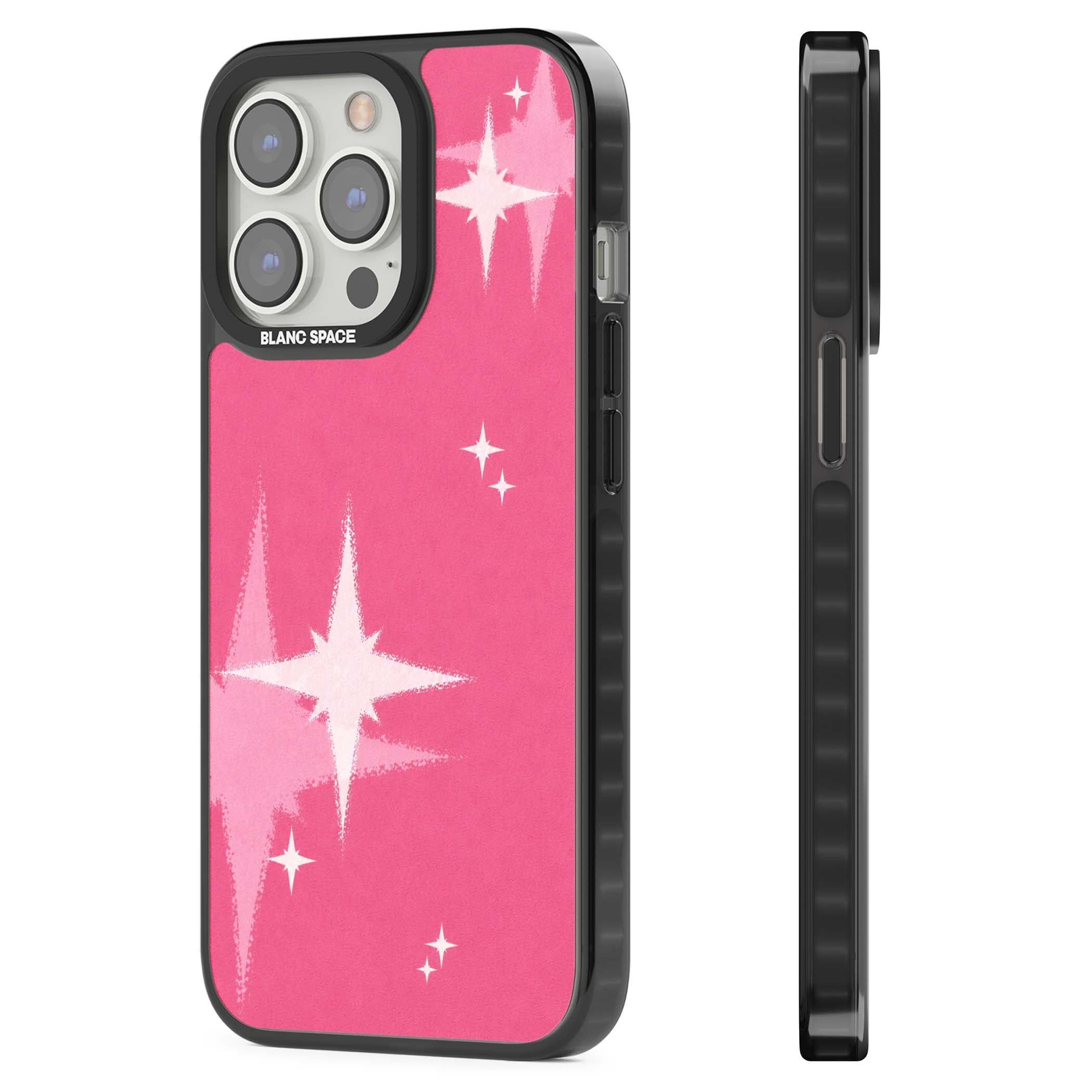 Pink Sparkle Y2K iPhone case featuring hot pink background with shimmering white starburst pattern | Black Impact case for iPhone 13 Pro, iPhone 14 Pro, iPhone 15 Pro
