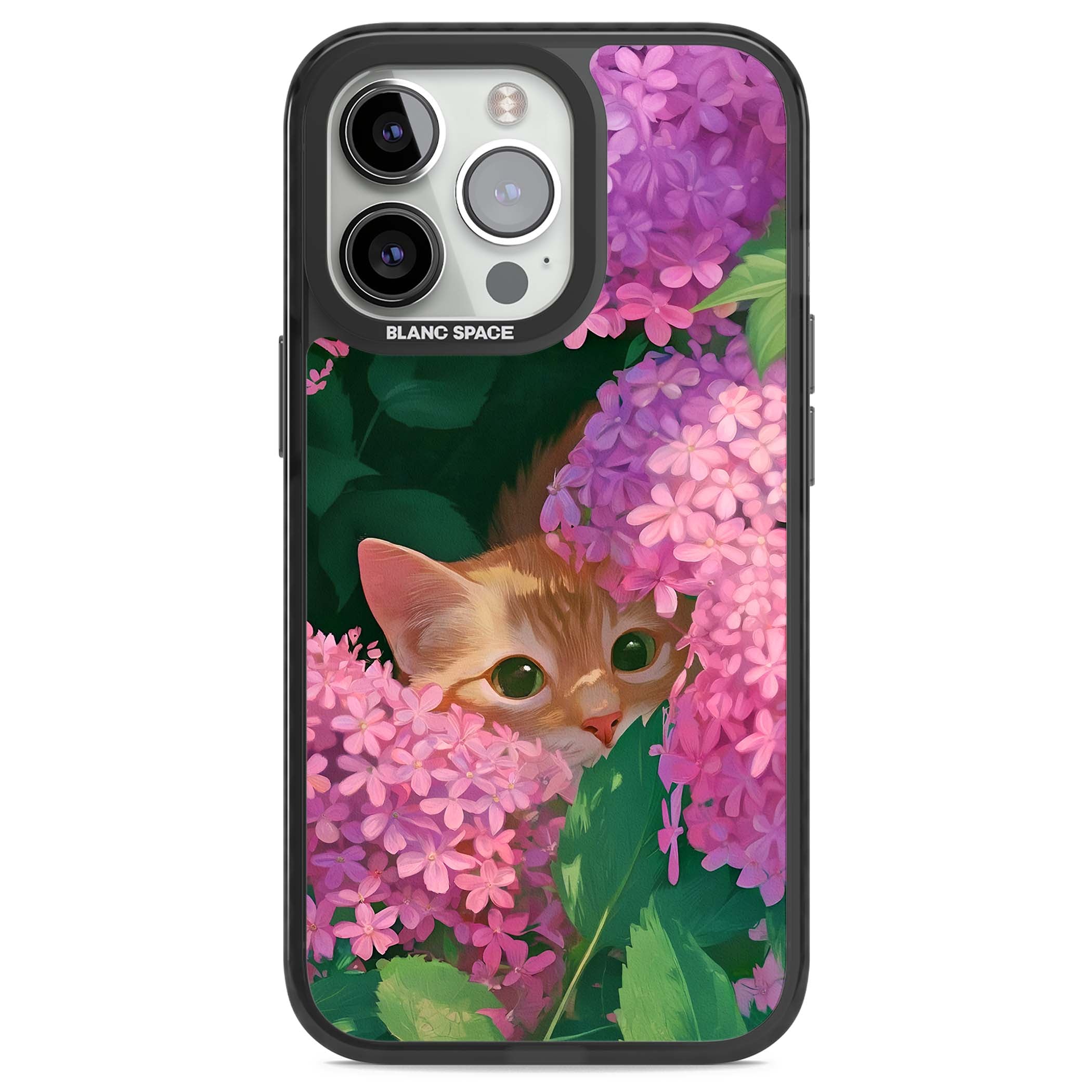 Cat In Pink Flowers cottagecore iPhone case featuring a ginger kitten peeking through lilac and pink hydrangea flo | Black Impact case for iPhone 13 Pro, iPhone 14 Pro, iPhone 15 Pro