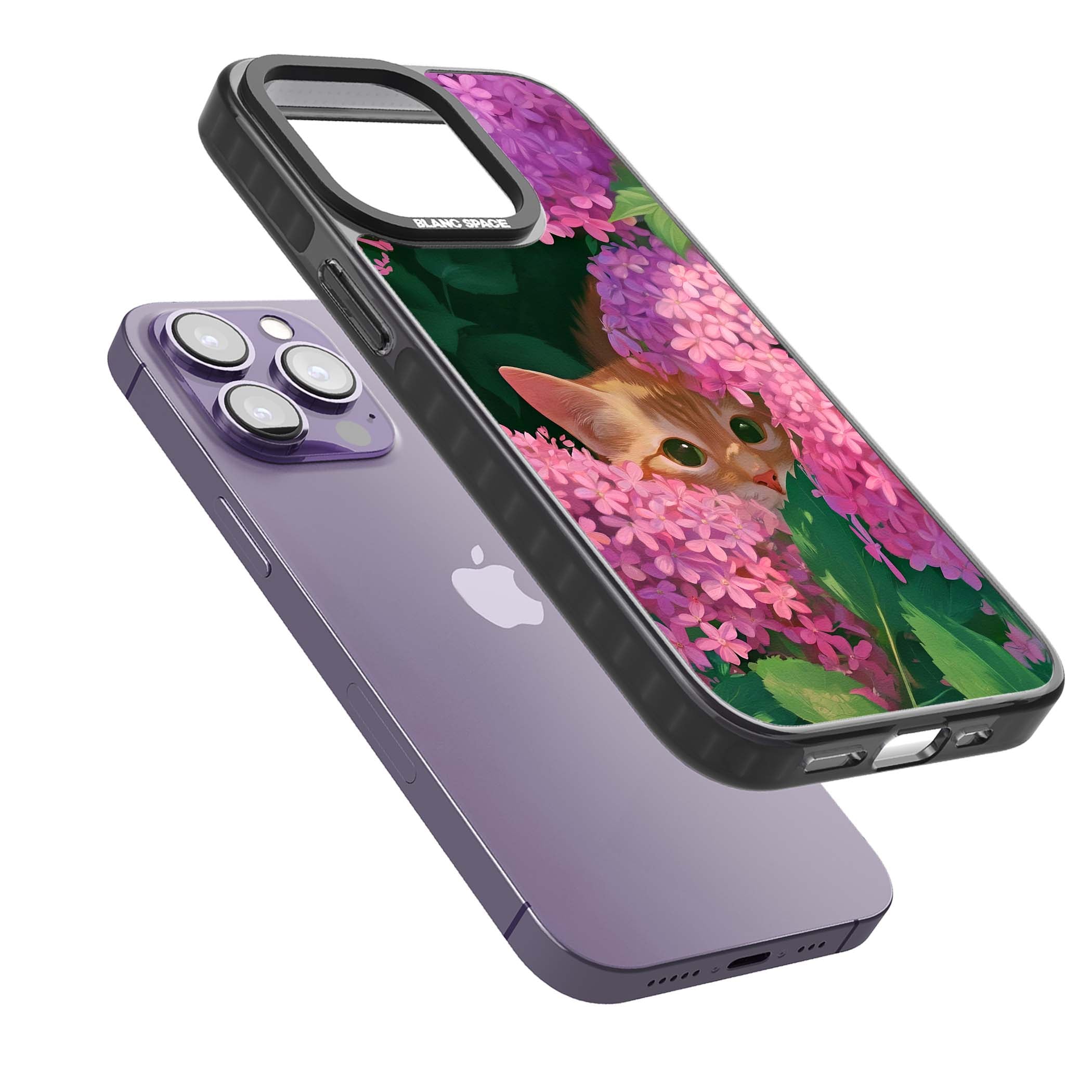 Cat In Pink Flowers cottagecore iPhone case featuring a ginger kitten peeking through lilac and pink hydrangea flo | Black Impact case for iPhone 13 Pro, iPhone 14 Pro, iPhone 15 Pro