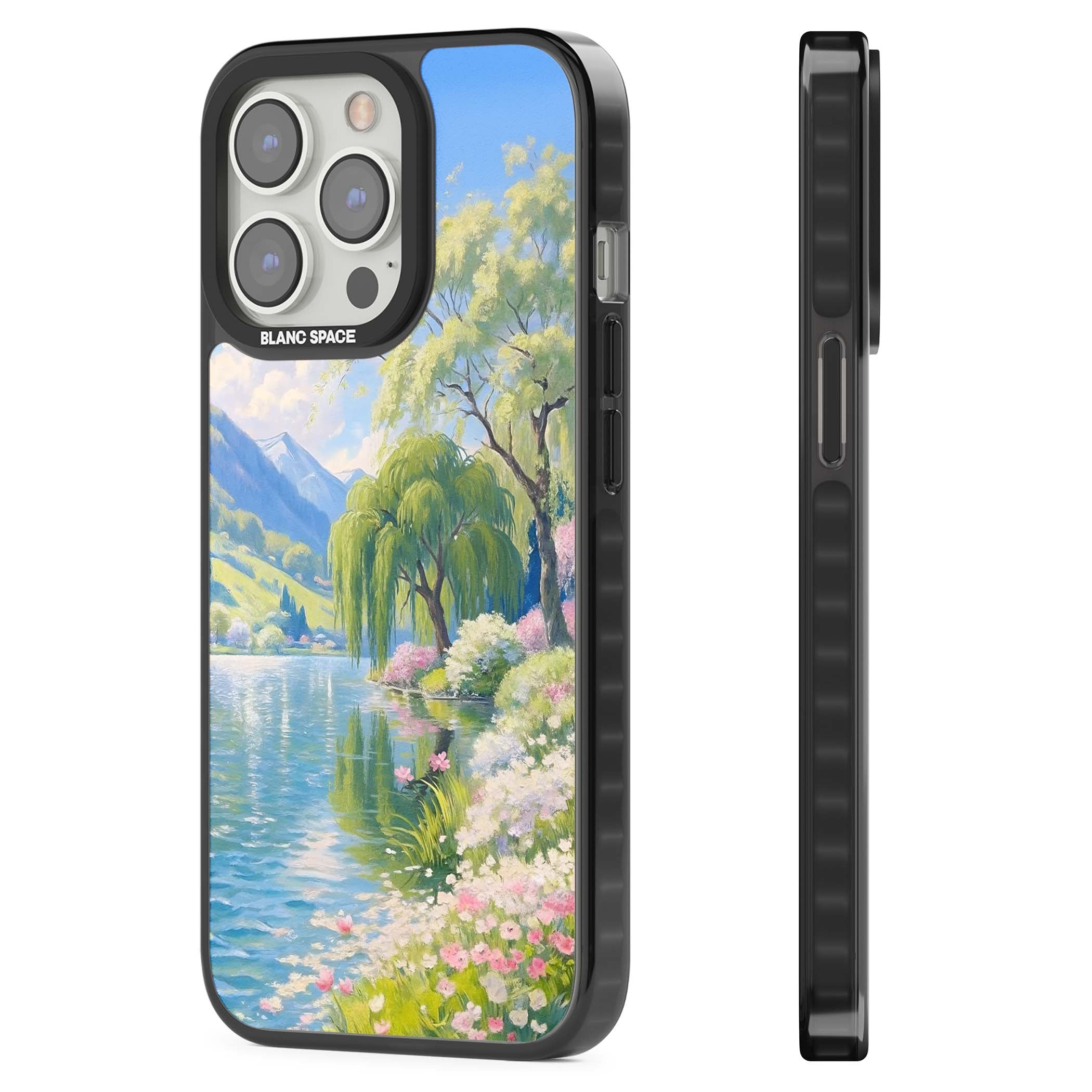 Willow Lake cottagecore iPhone case featuring a painted lakeside with weeping willow, blossoms and distant mountains | Black Impact case for iPhone 13 Pro, iPhone 14 Pro, iPhone 15 Pro
