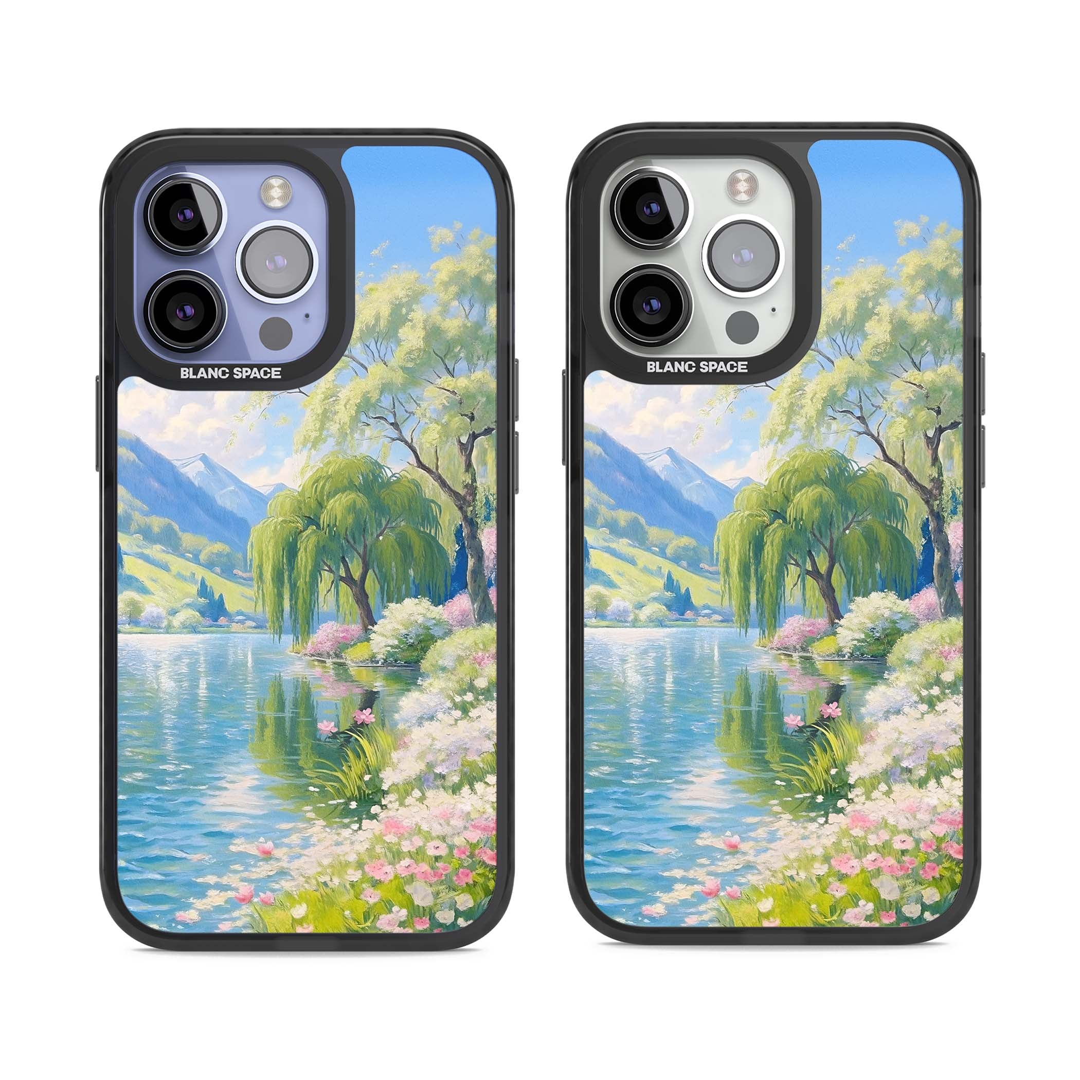 Willow Lake cottagecore iPhone case featuring a painted lakeside with weeping willow, blossoms and distant mountains | Black Impact case for iPhone 13 Pro, iPhone 14 Pro, iPhone 15 Pro