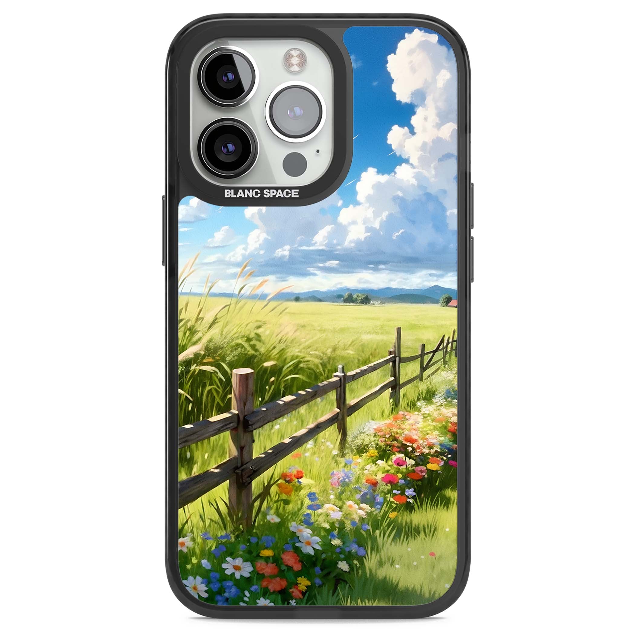A Countryside Afternoon cottagecore iPhone case featuring a painted countryside meadow, wooden fence, and wildflowers beneath | Black Impact case for iPhone 13 Pro, iPhone 14 Pro, iPhone 15 Pro