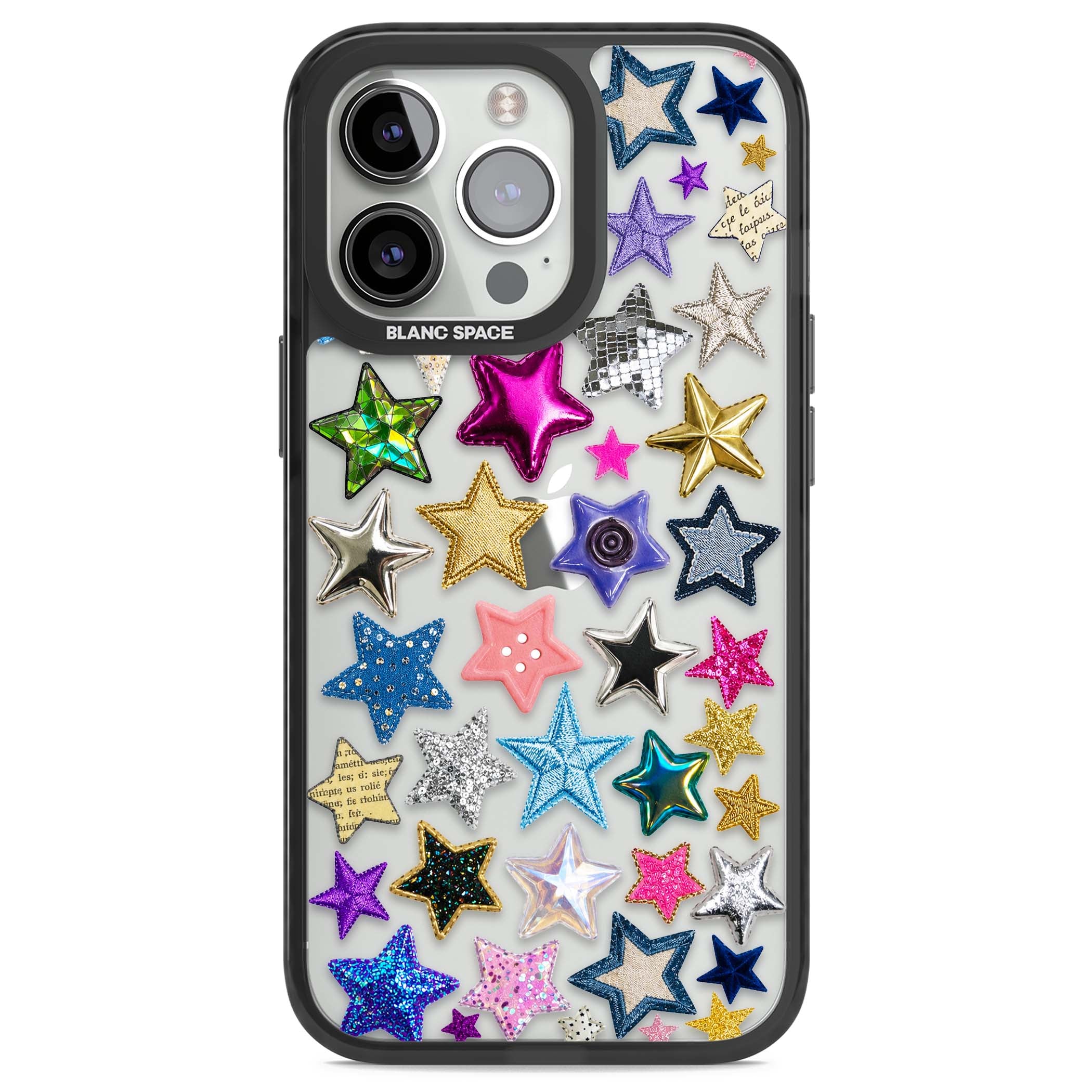 Crafty Star Mix Y2K iPhone case featuring embroidered, sequinned and glitter star patches in rainbow colours | Black Impact case for iPhone 13 Pro, iPhone 14 Pro, iPhone 15 Pro