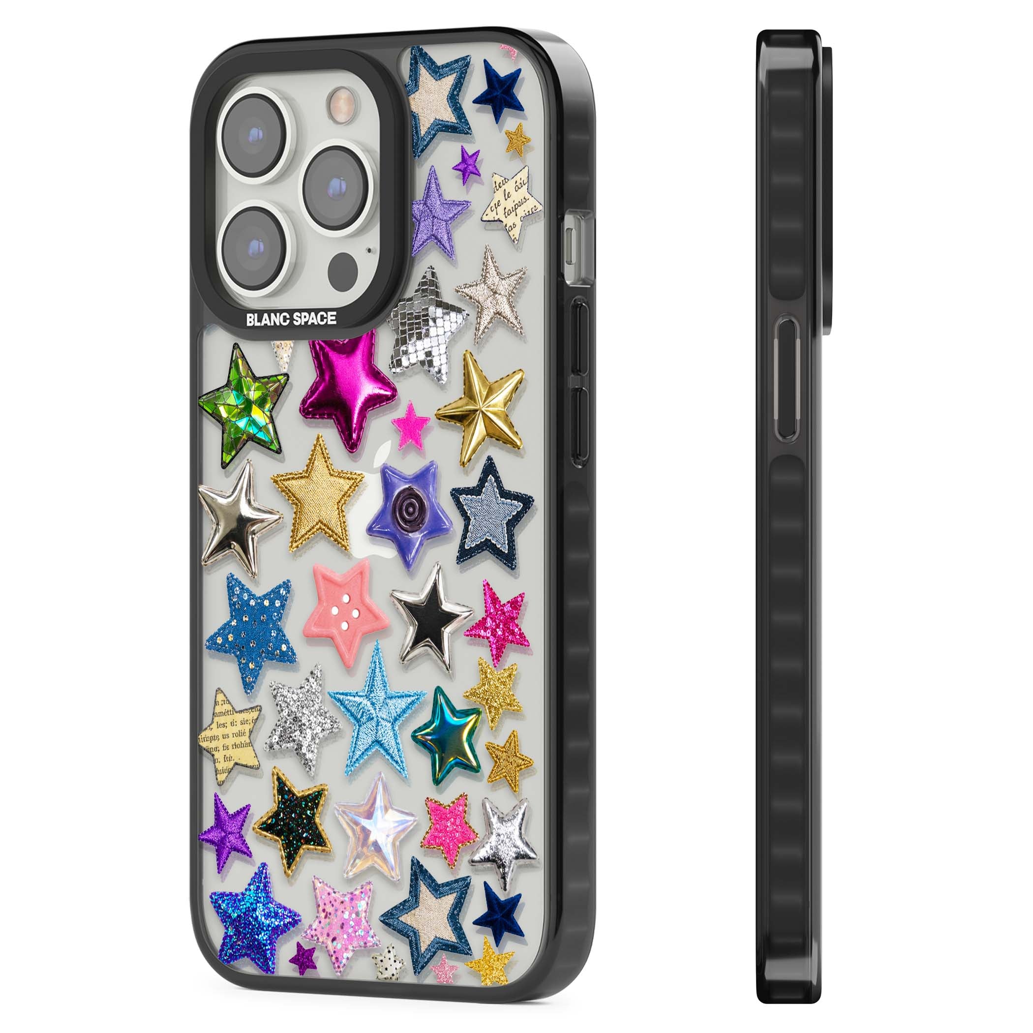Crafty Star Mix Y2K iPhone case featuring embroidered, sequinned and glitter star patches in rainbow colours | Black Impact case for iPhone 13 Pro, iPhone 14 Pro, iPhone 15 Pro