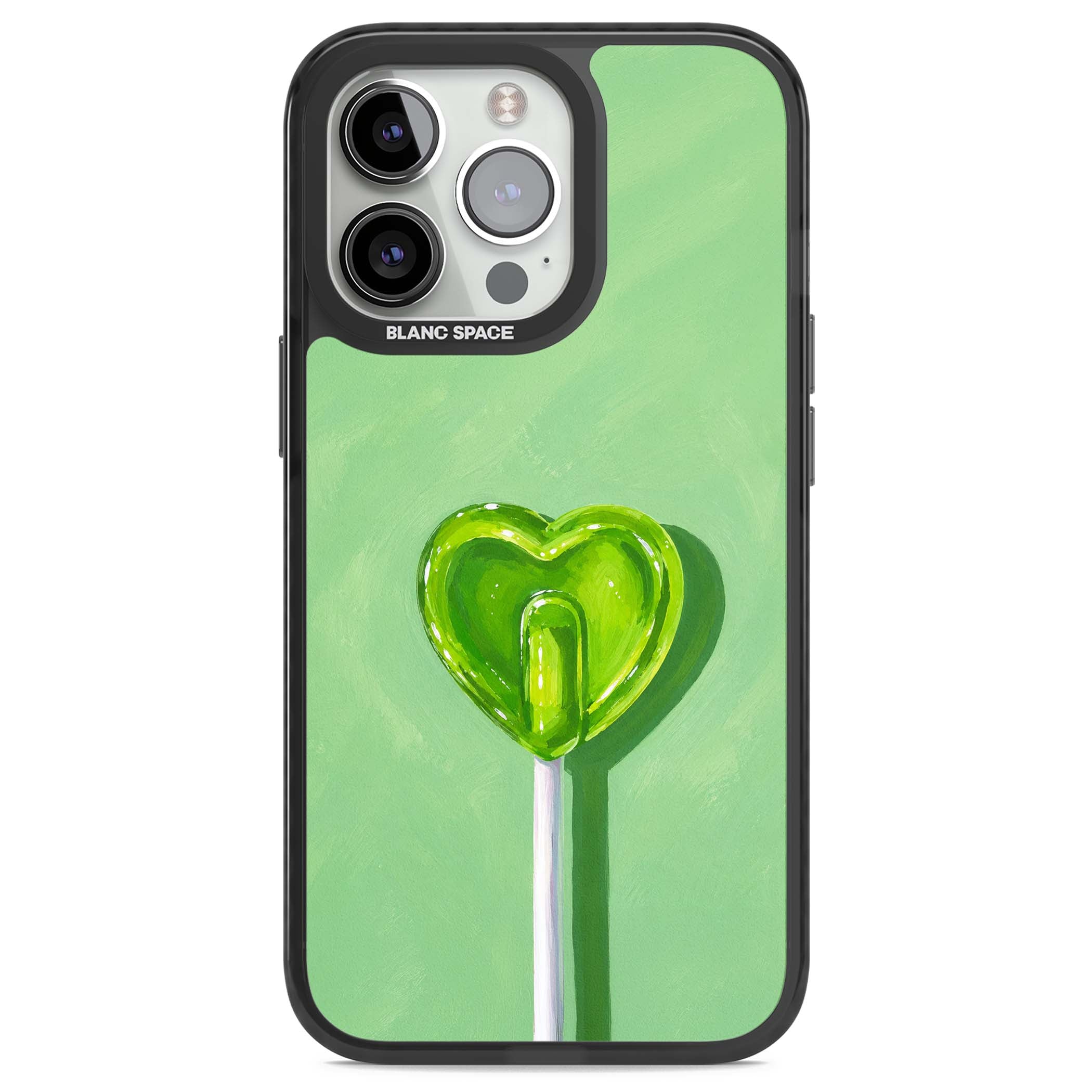 Green Lollipop candy art iPhone case featuring a glossy green heart-shaped lollipop on a painted pastel green background | Black Impact case for iPhone 13 Pro, iPhone 14 Pro, iPhone 15 Pro