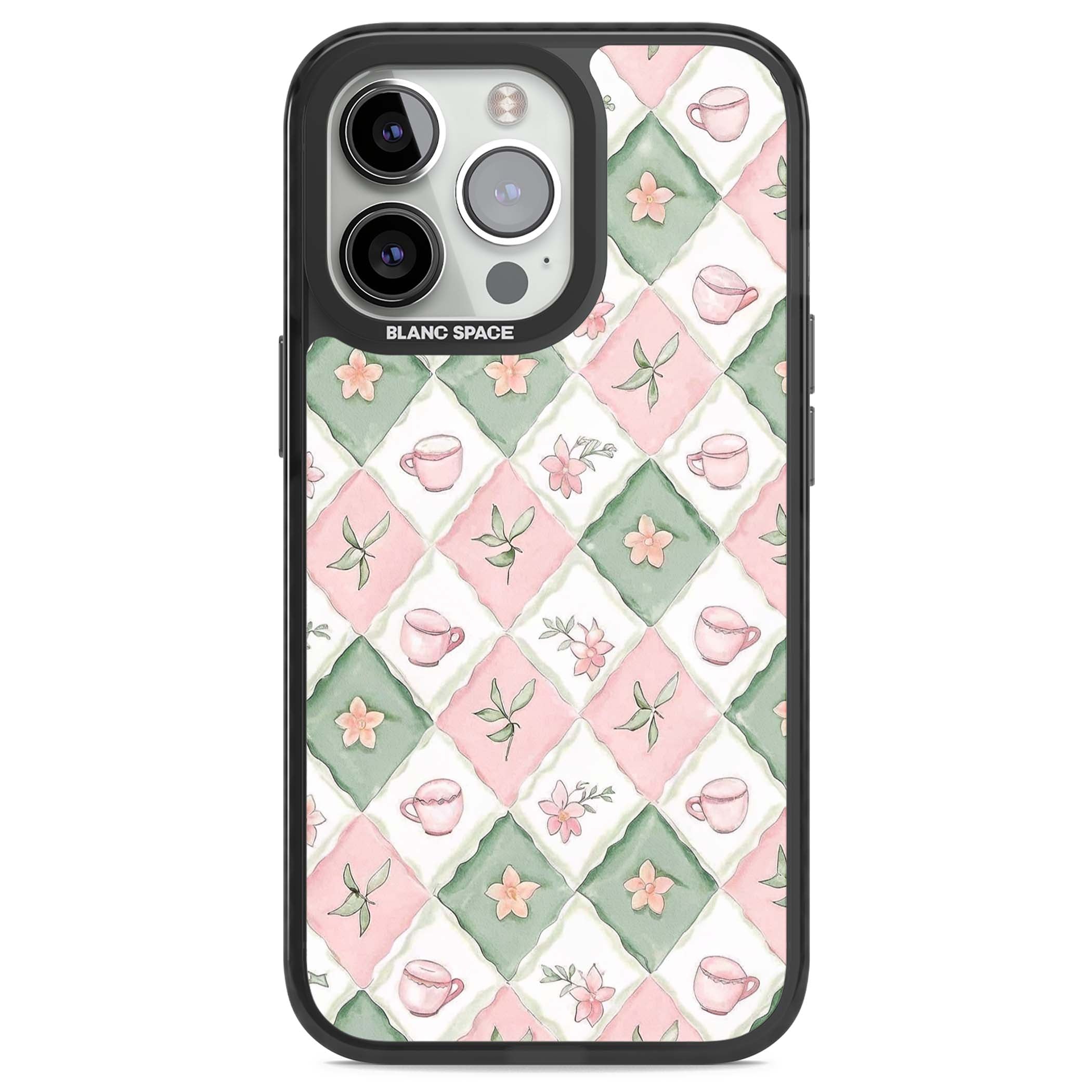 Garden Tea Party coquette iPhone case with pink and green checkered pattern, watercolour teacups and wildflowers | Black Impact case for iPhone 13 Pro, iPhone 14 Pro, iPhone 15 Pro
