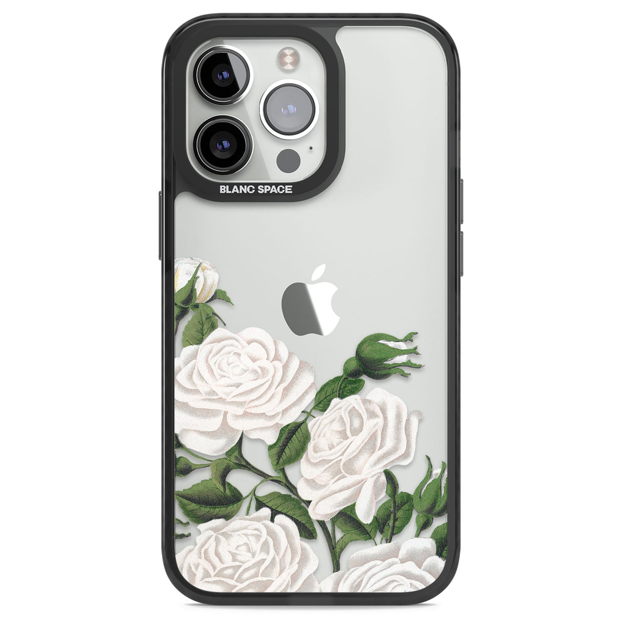 White Vintage Painted Flowers Black Impact Phone Case for iPhone 13 Pro, iPhone 14 Pro, iPhone 15 Pro