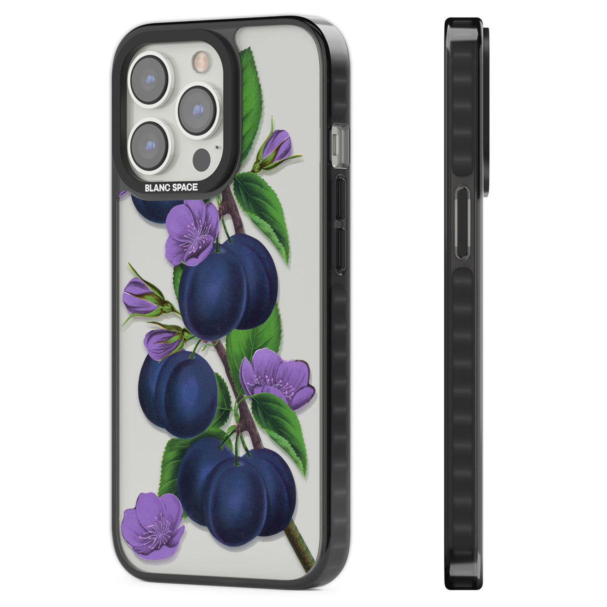 Vintage Painted Plums Black Impact Phone Case for iPhone 13 Pro, iPhone 14 Pro, iPhone 15 Pro