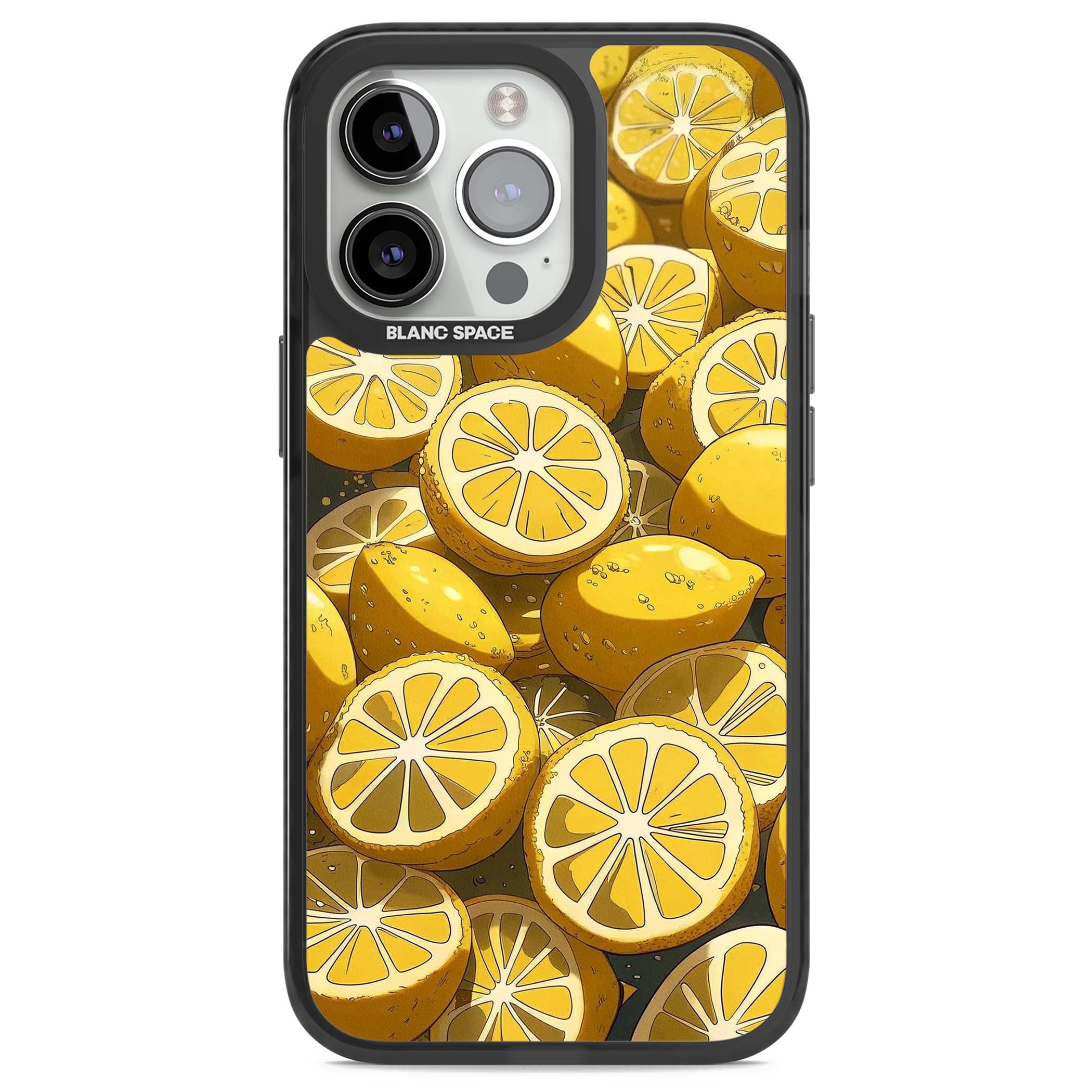 Zesty coastal iPhone case featuring illustrated Mediterranean lemons and citrus slices in golden yellow | Black Impact case for iPhone 13 Pro, iPhone 14 Pro, iPhone 15 Pro