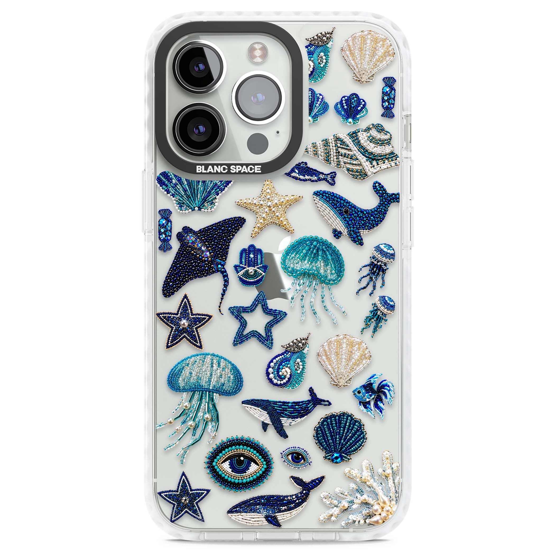 Beaded Coastal coastal iPhone case featuring embroidered seashells, jellyfish and a blue whale on clear | Clear Impact case for iPhone 13 Pro, iPhone 14 Pro, iPhone 15 Pro