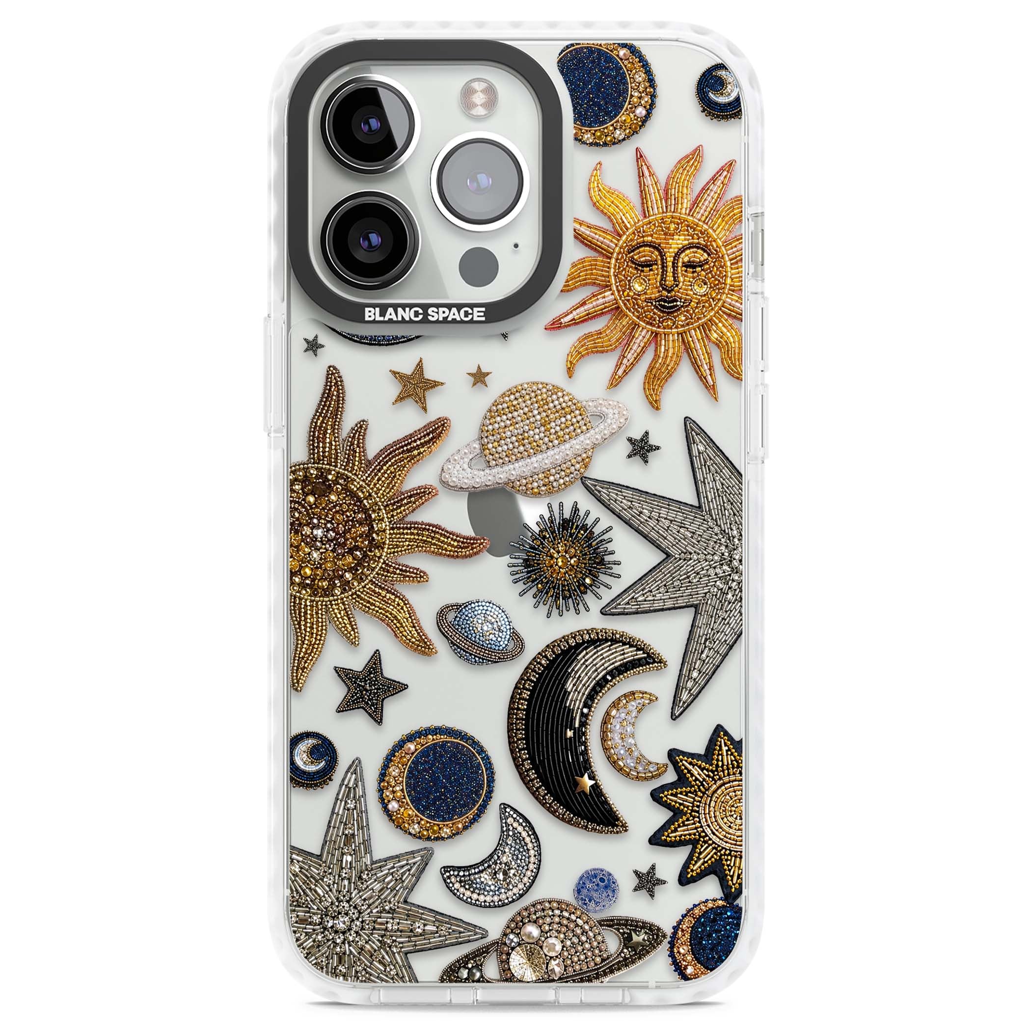 Beaded Cosmos celestial iPhone case featuring embroidered golden suns, beaded planets and silver shooting stars | Clear Impact case for iPhone 13 Pro, iPhone 14 Pro, iPhone 15 Pro
