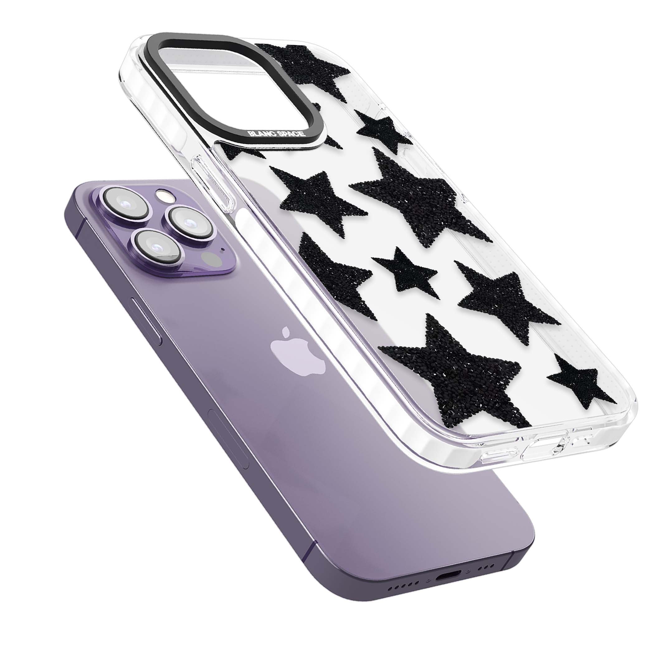 Beaded Black Stars celestial iPhone case featuring black glitter beaded stars scattered on a clear background | Clear Impact case for iPhone 13 Pro, iPhone 14 Pro, iPhone 15 Pro