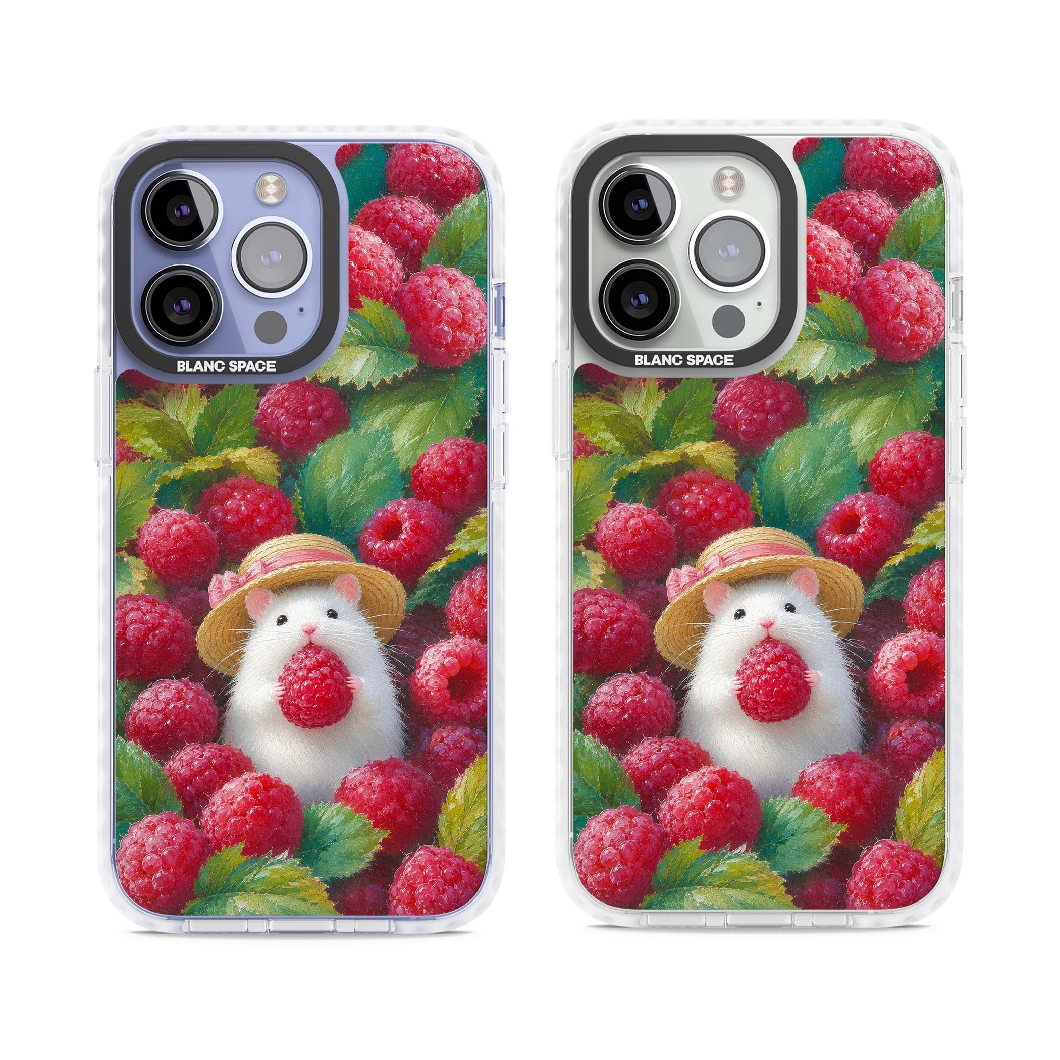 Berry Forager cottagecore iPhone case featuring a white hamster in a straw hat holding a raspberry surrounded by ripe ber | Clear Impact case for iPhone 13 Pro, iPhone 14 Pro, iPhone 15 Pro