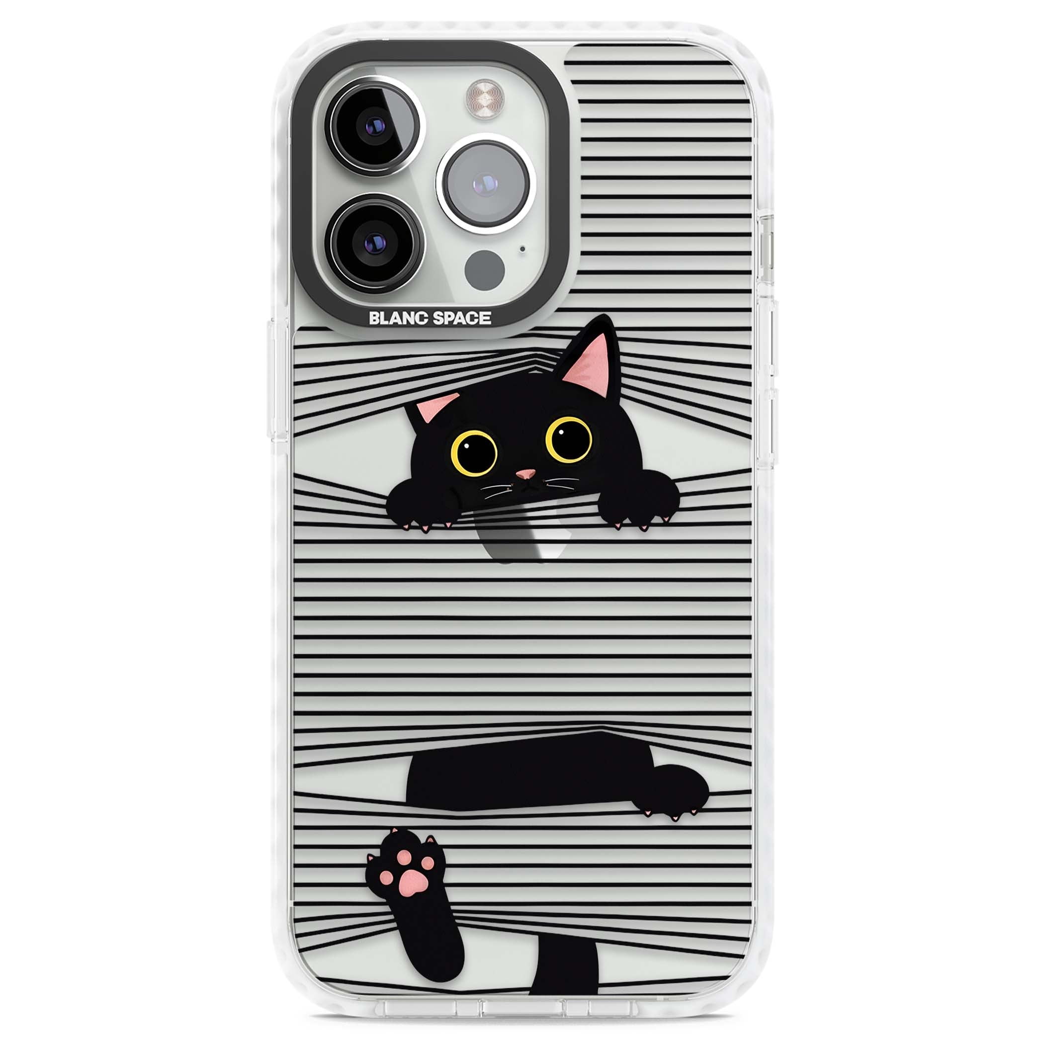Peek-a-Boo Cat minimal iPhone case featuring black cat peeking through horizontal black and white stripes | Clear Impact case for iPhone 13 Pro, iPhone 14 Pro, iPhone 15 Pro