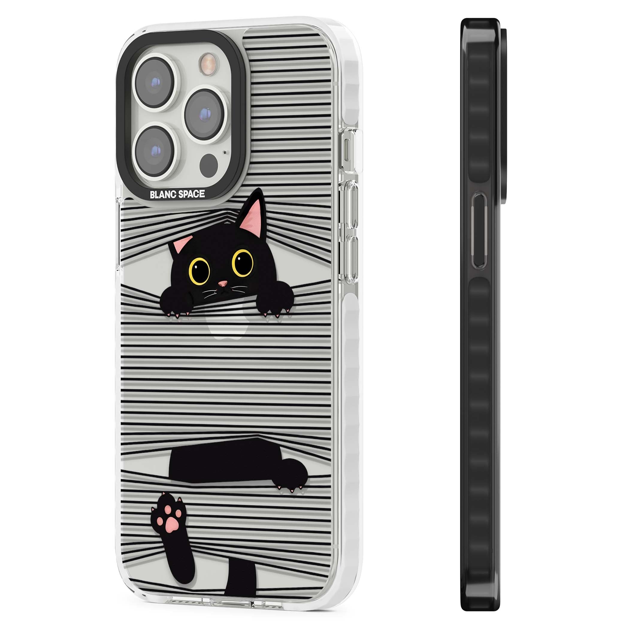 Peek-a-Boo Cat minimal iPhone case featuring black cat peeking through horizontal black and white stripes | Clear Impact case for iPhone 13 Pro, iPhone 14 Pro, iPhone 15 Pro