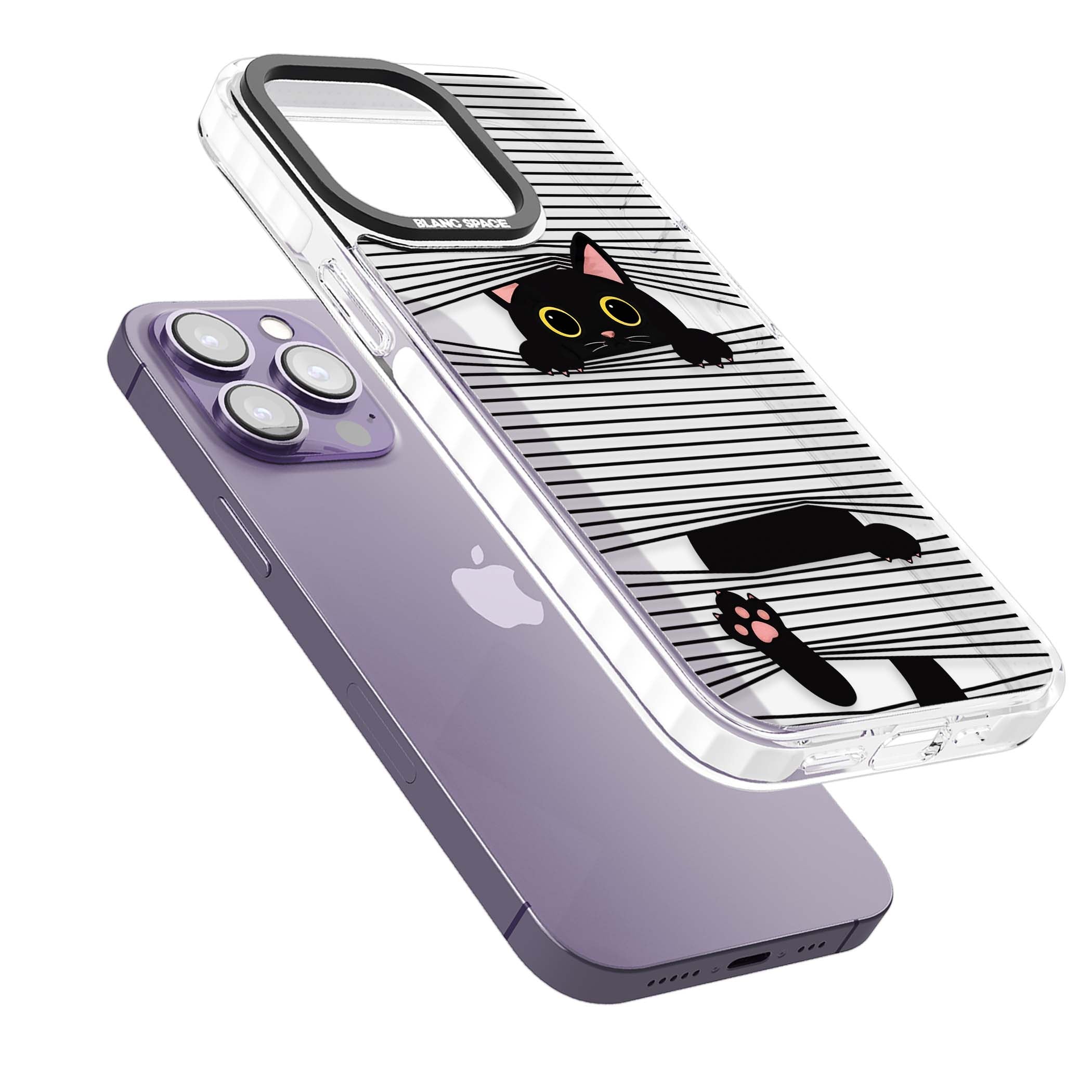 Peek-a-Boo Cat minimal iPhone case featuring black cat peeking through horizontal black and white stripes | Clear Impact case for iPhone 13 Pro, iPhone 14 Pro, iPhone 15 Pro