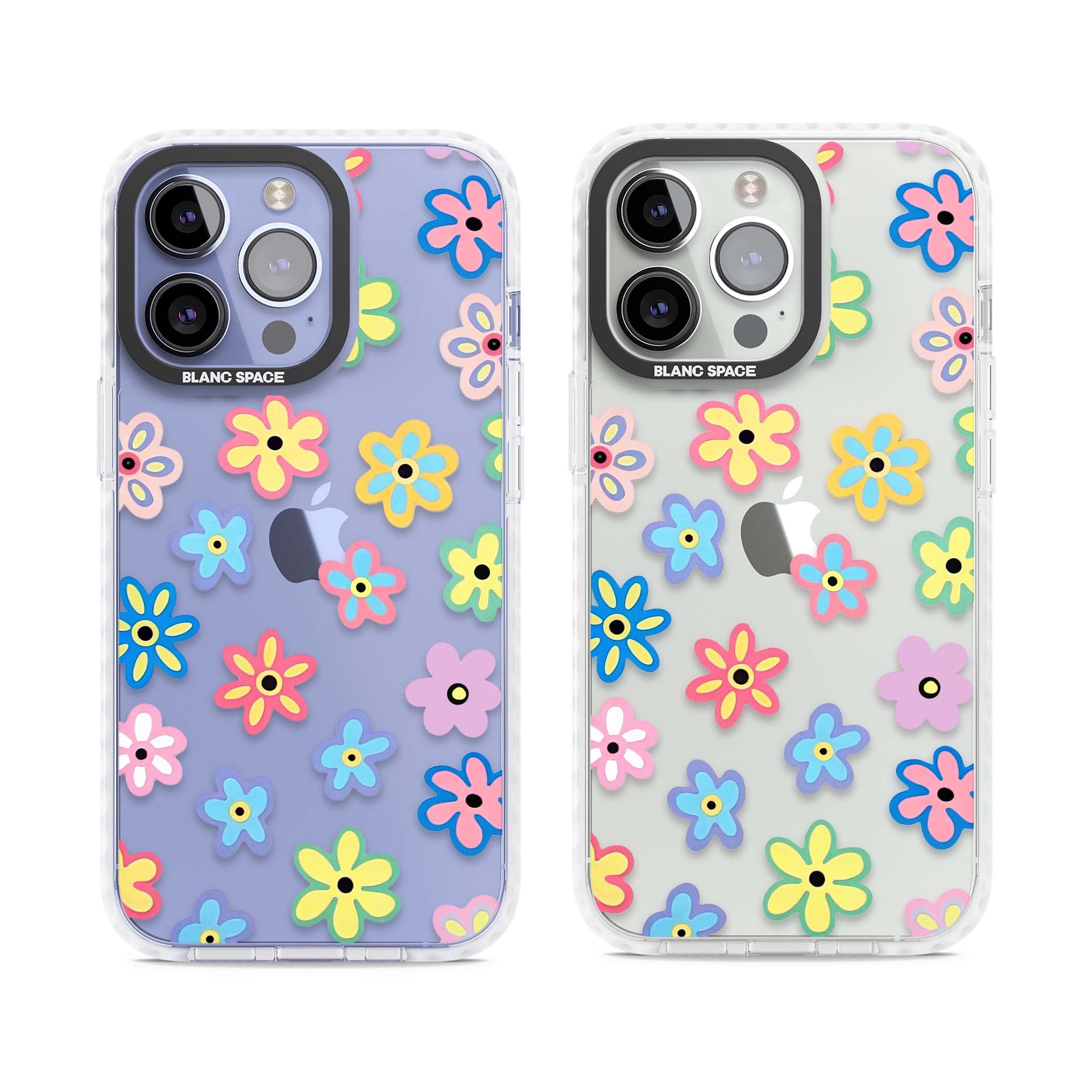 Bloom Pop cottagecore iPhone case featuring multicolor pastel flowers with black centers on clear background | Clear Impact case for iPhone 13 Pro, iPhone 14 Pro, iPhone 15 Pro