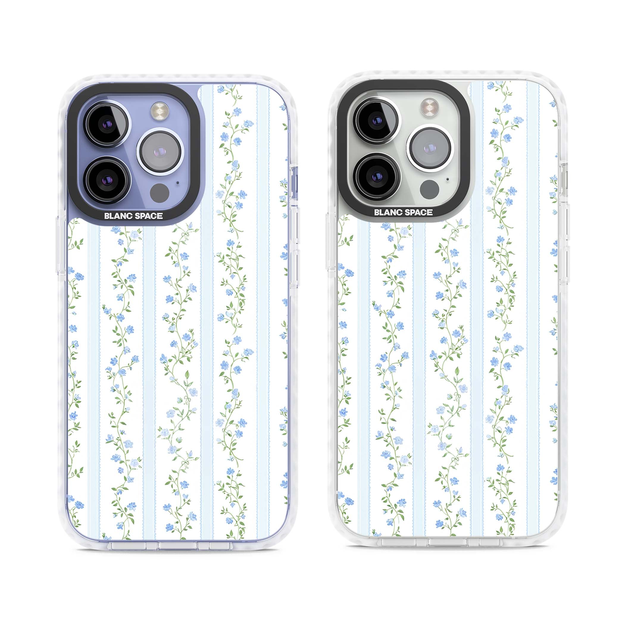 Bluebell Vine cottagecore iPhone case featuring climbing blue roses, trailing green vines, and pale ticking stripes | Clear Impact case for iPhone 13 Pro, iPhone 14 Pro, iPhone 15 Pro