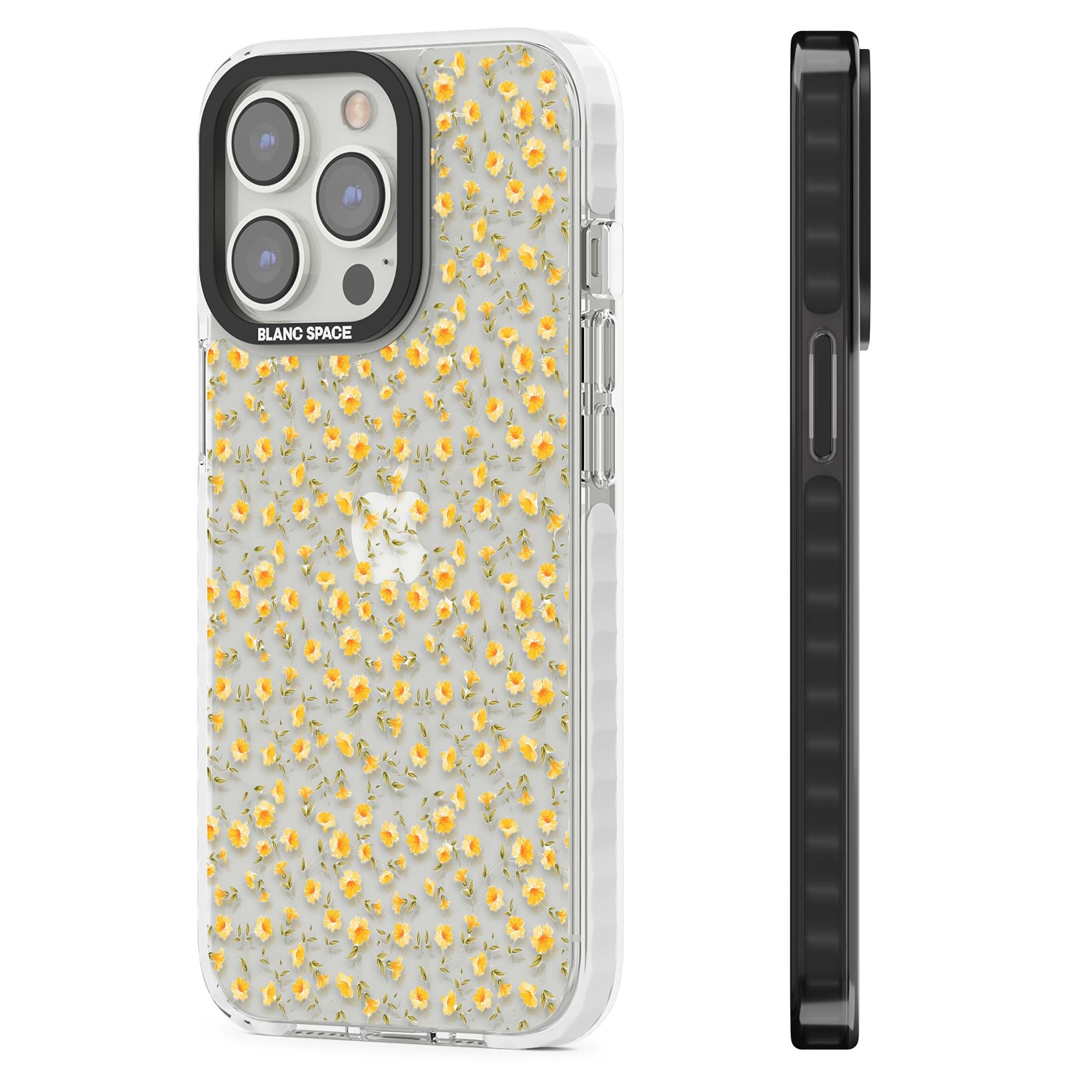 Buttercup wildflower iPhone case featuring tiny yellow flowers and trailing green vines on clear | Clear Impact case for iPhone 13 Pro, iPhone 14 Pro, iPhone 15 Pro