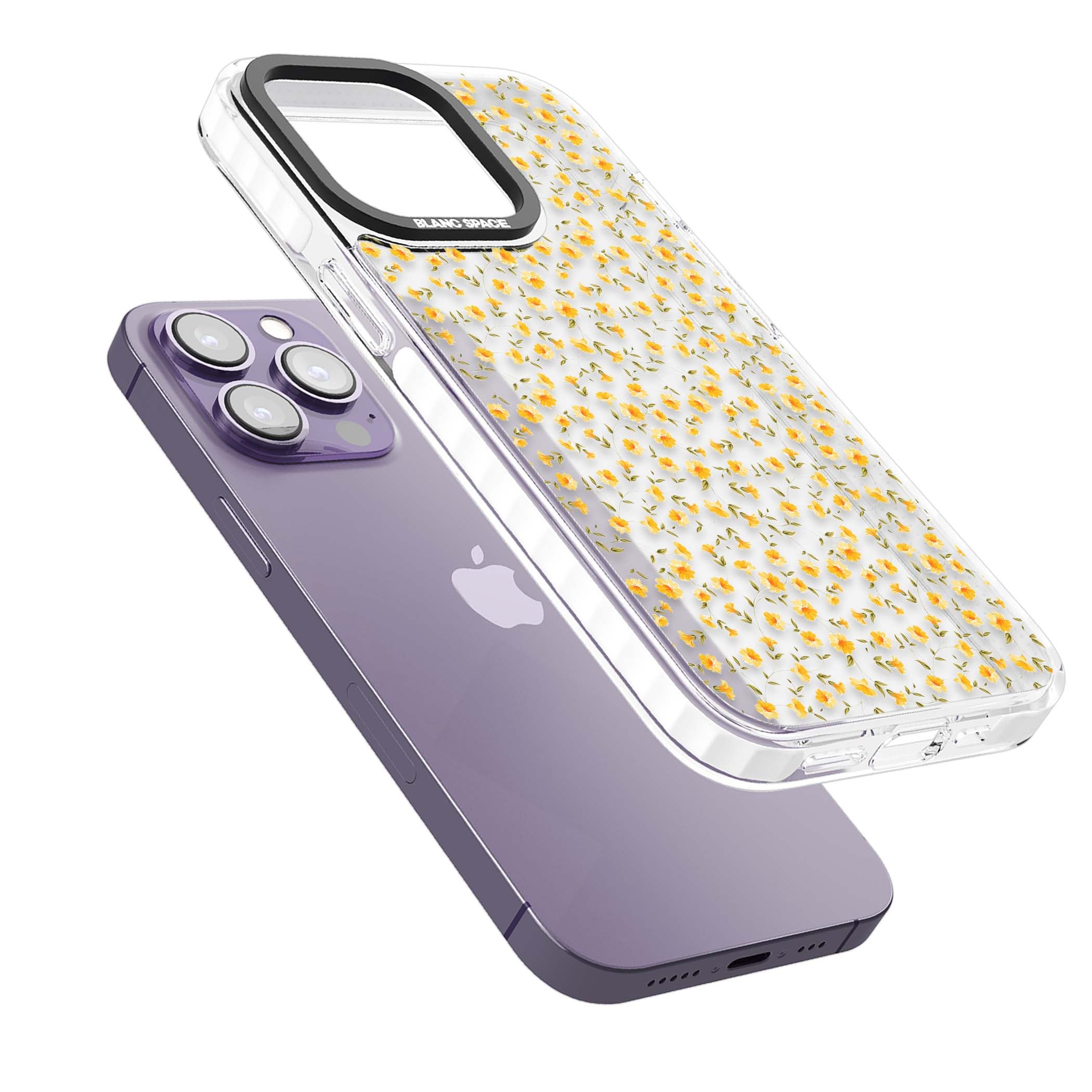 Buttercup wildflower iPhone case featuring tiny yellow flowers and trailing green vines on clear | Clear Impact case for iPhone 13 Pro, iPhone 14 Pro, iPhone 15 Pro