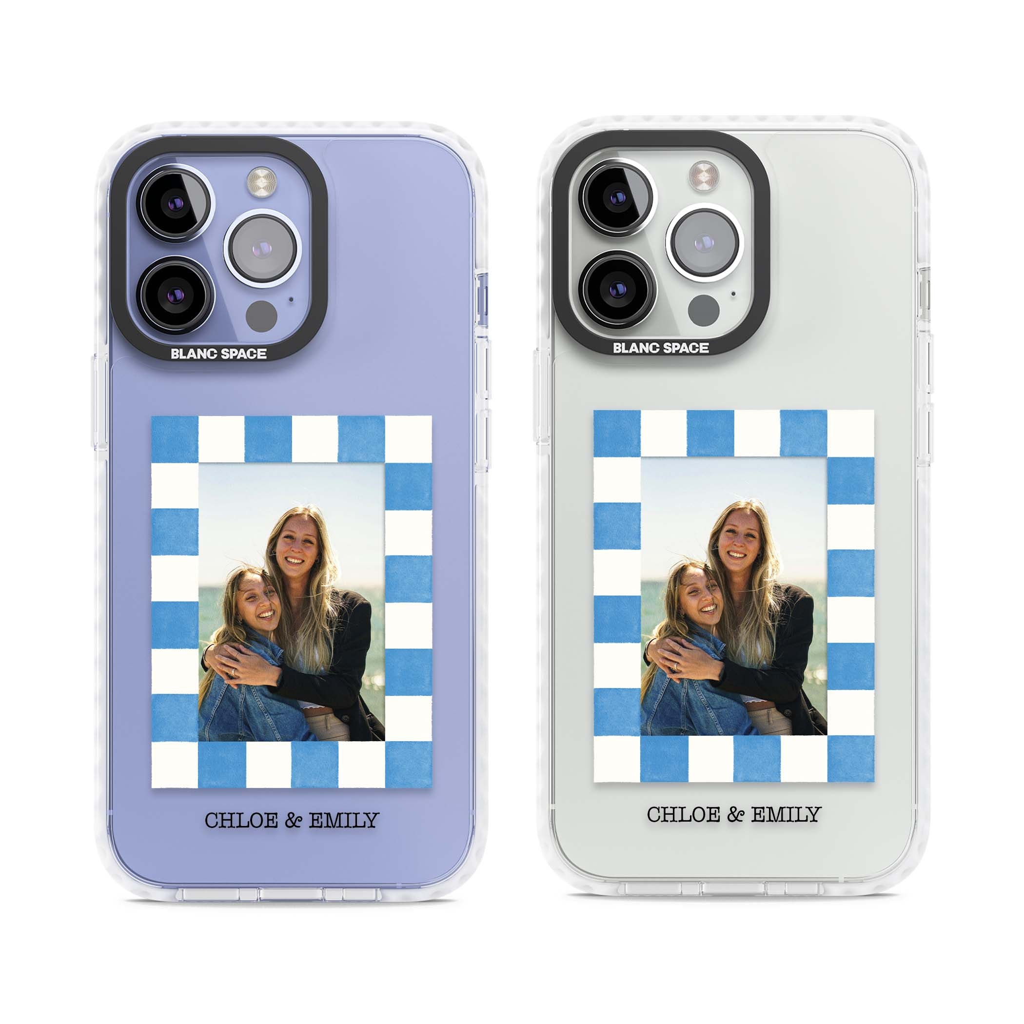 Blue Check Photo personalised photo iPhone case with blue checkered frame and custom couple names | Clear Impact case for iPhone 13 Pro, iPhone 14 Pro, iPhone 15 Pro