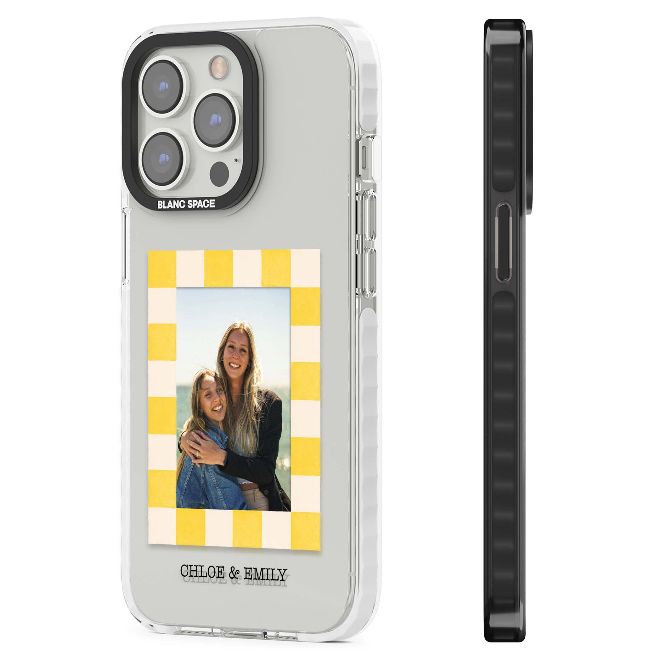 Yellow Check Photo personalised iPhone case with yellow checkered Polaroid frame and custom names beneath | Clear Impact case for iPhone 13 Pro, iPhone 14 Pro, iPhone 15 Pro