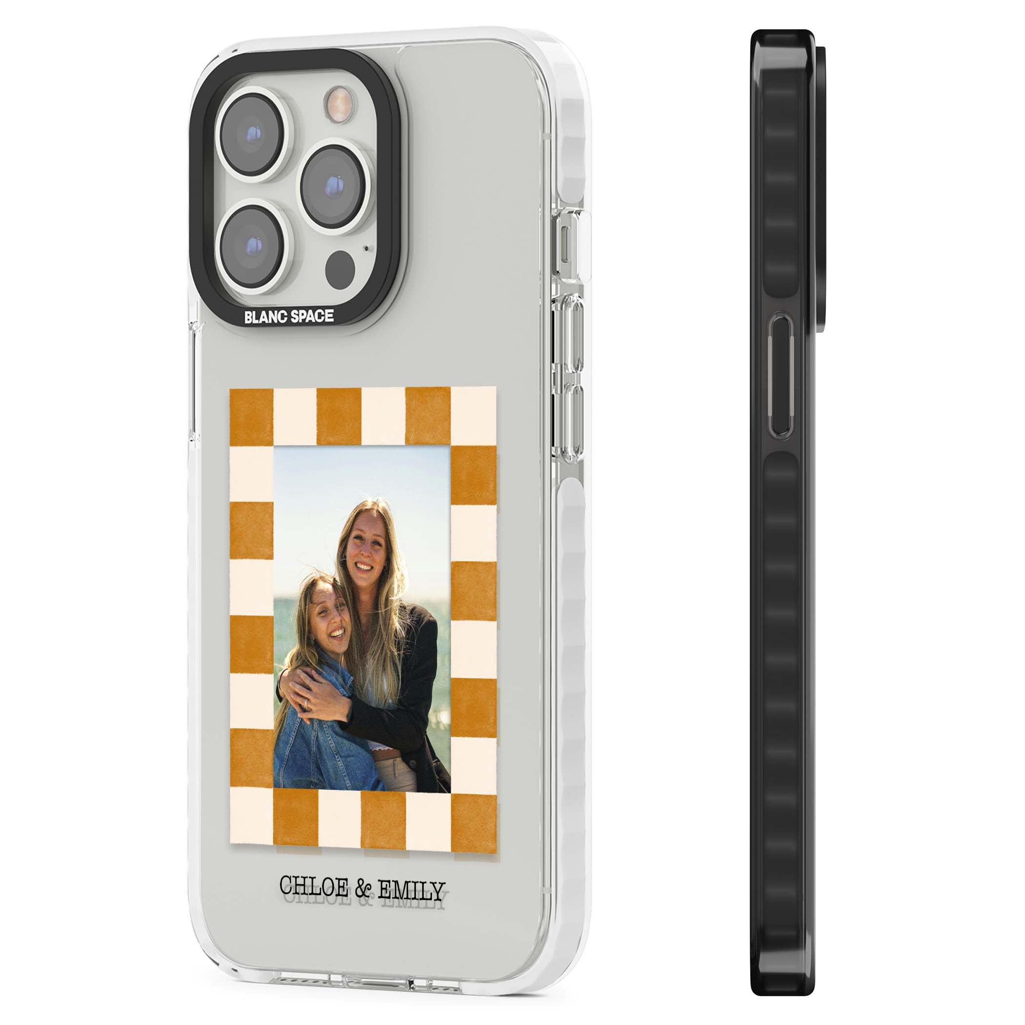 Citrus Check Photo personalised iPhone case with custom photo, orange checkered frame and names underneath | Clear Impact case for iPhone 13 Pro, iPhone 14 Pro, iPhone 15 Pro