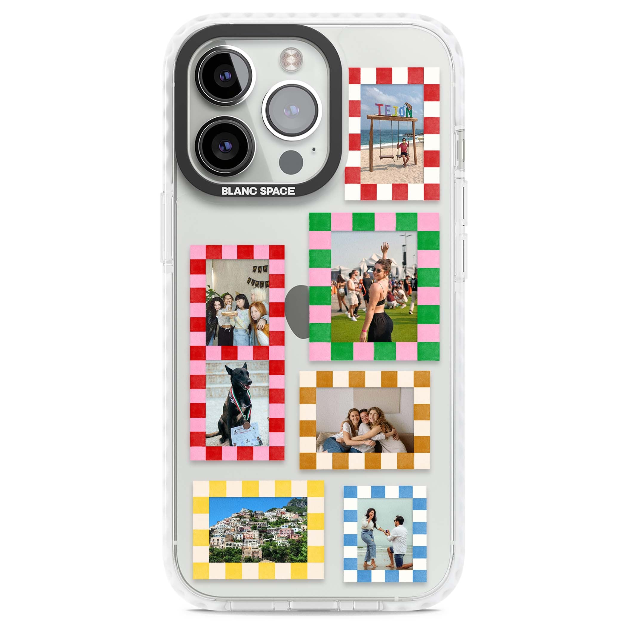 Italian Check Frames custom photo collage iPhone case featuring six checkered photo frames in red, green, pink and  | Clear Impact case for iPhone 13 Pro, iPhone 14 Pro, iPhone 15 Pro
