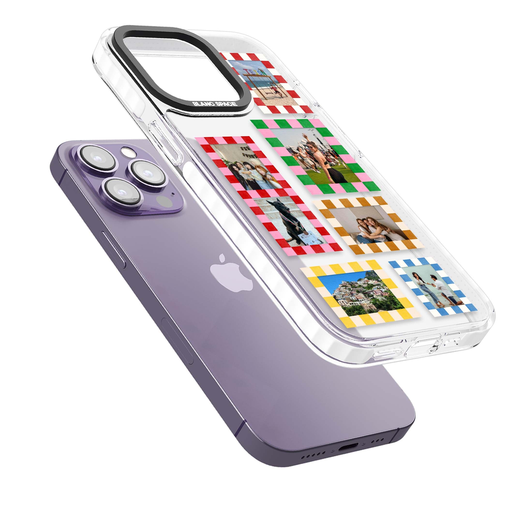 Italian Check Frames custom photo collage iPhone case featuring six checkered photo frames in red, green, pink and  | Clear Impact case for iPhone 13 Pro, iPhone 14 Pro, iPhone 15 Pro