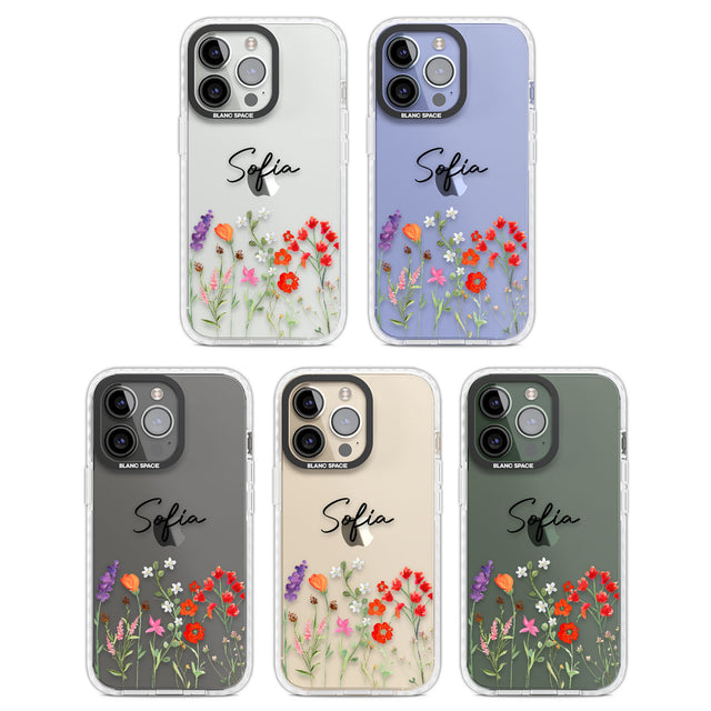 Personalised Spring Wildflowers Clear Impact Phone Case for iPhone 13 Pro, iPhone 14 Pro, iPhone 15 Pro