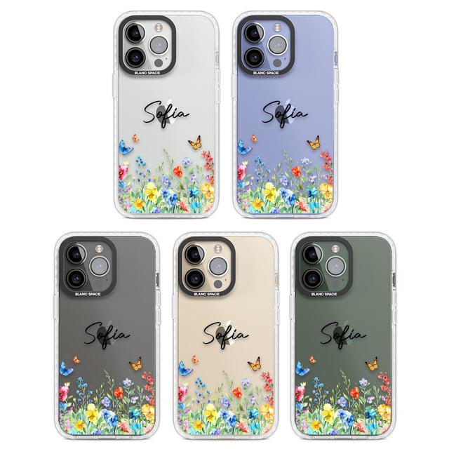 Personalised Buterflies & Wildflowers Clear Impact Phone Case for iPhone 13 Pro, iPhone 14 Pro, iPhone 15 Pro