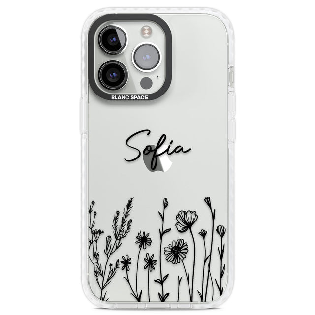 Personalised Black Wildflowers Clear Impact Phone Case for iPhone 13 Pro, iPhone 14 Pro, iPhone 15 Pro