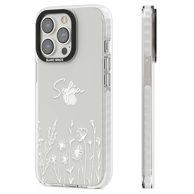 Personalised White Wildflowers Clear Impact Phone Case for iPhone 13 Pro, iPhone 14 Pro, iPhone 15 Pro