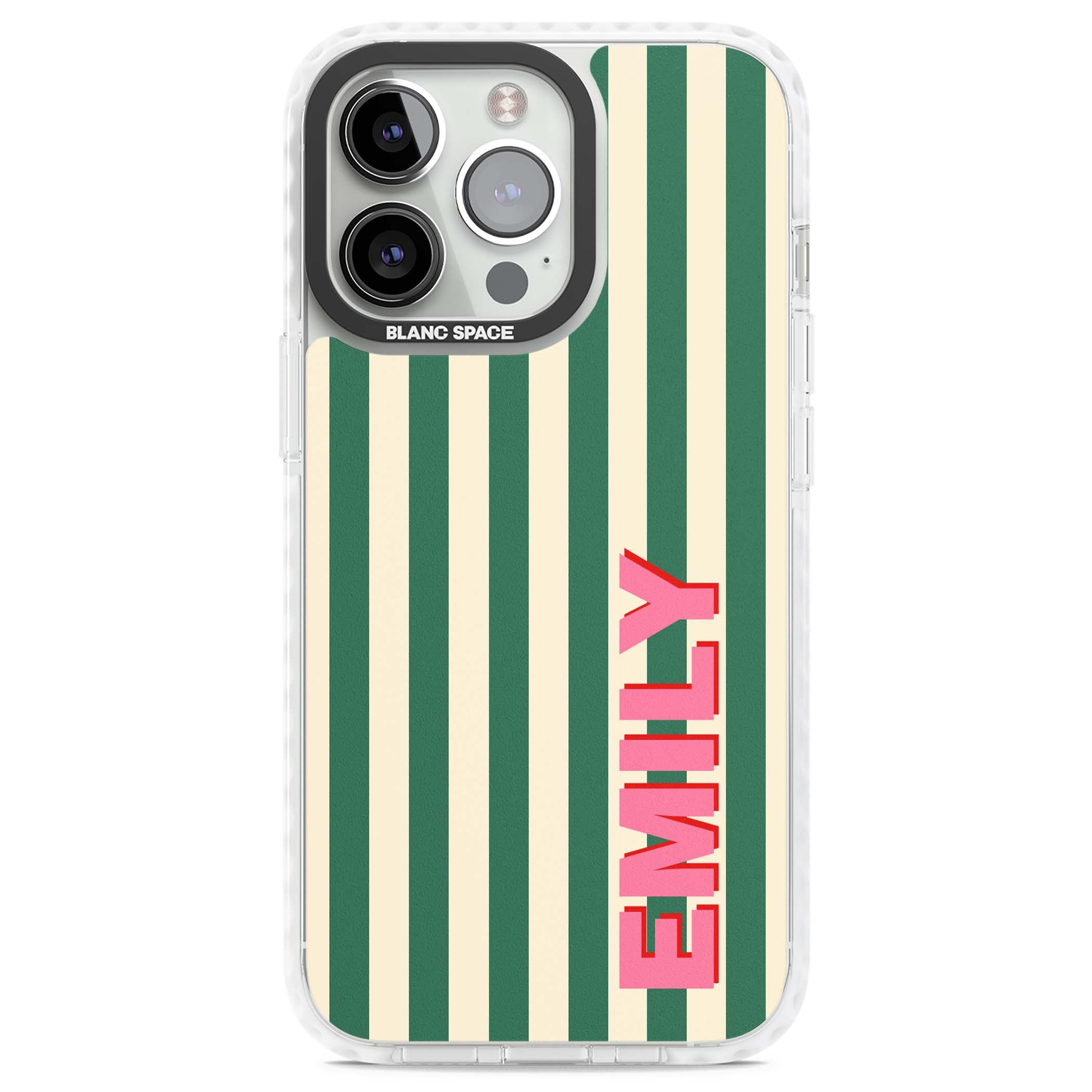 Wimbledon Stripe preppy iPhone case featuring green and cream vertical stripes with a personalised pink name | Clear Impact case for iPhone 13 Pro, iPhone 14 Pro, iPhone 15 Pro