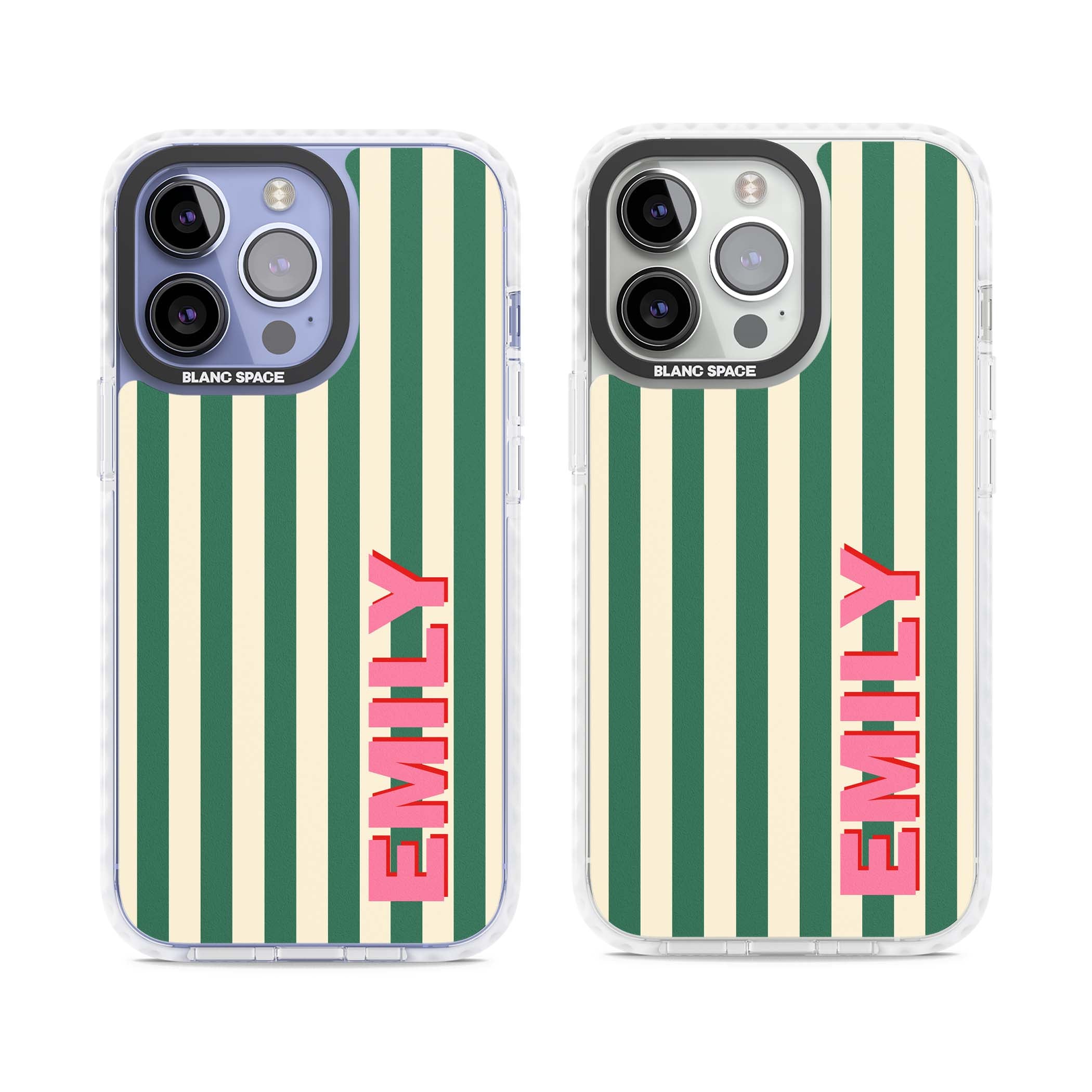 Wimbledon Stripe preppy iPhone case featuring green and cream vertical stripes with a personalised pink name | Clear Impact case for iPhone 13 Pro, iPhone 14 Pro, iPhone 15 Pro
