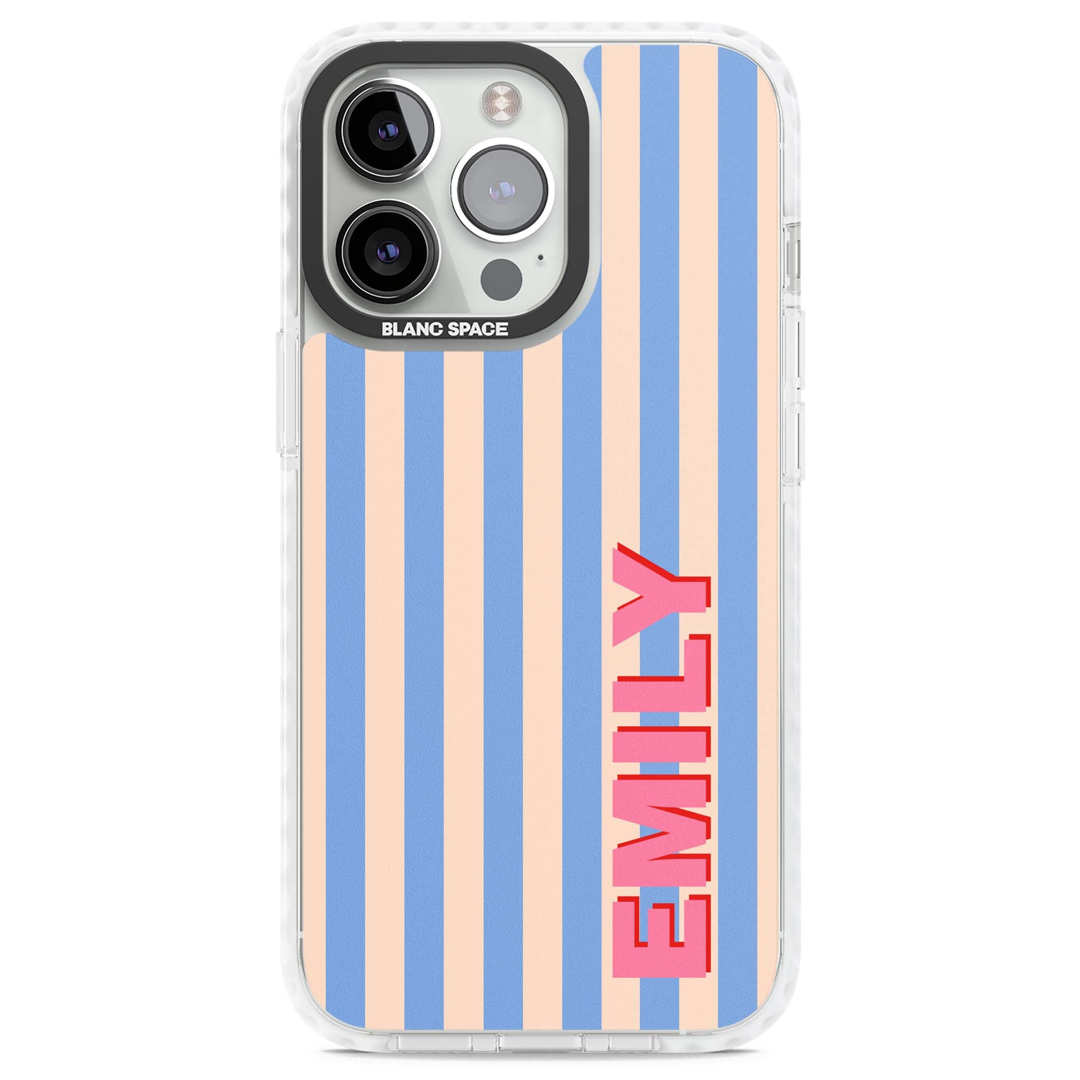 Coastal Stripe personalised coastal iPhone case with blue and peach vertical stripes and custom pink name | Clear Impact case for iPhone 13 Pro, iPhone 14 Pro, iPhone 15 Pro
