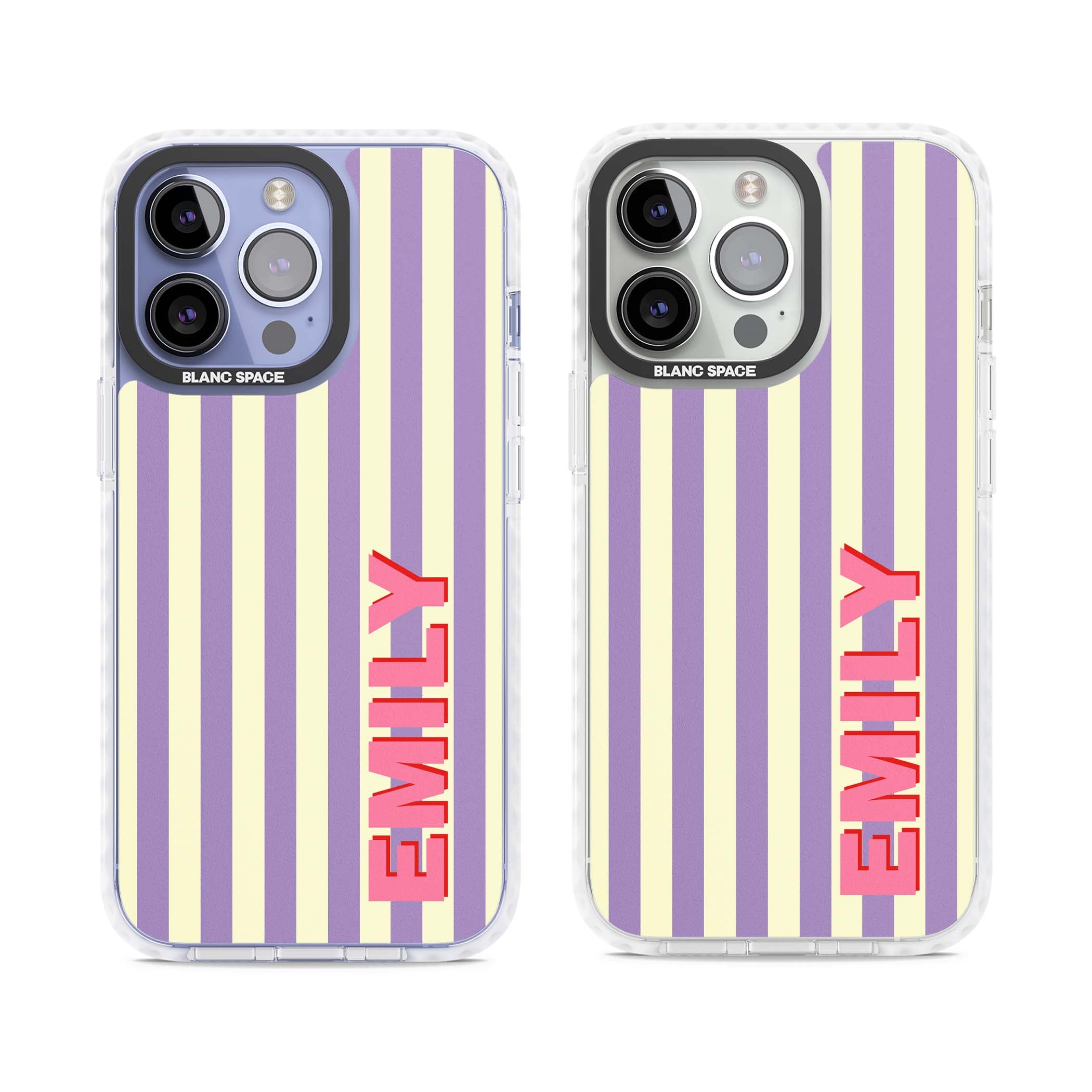 Valensole Stripe personalised iPhone case with purple and cream vertical stripes and pink custom name | Clear Impact case for iPhone 13 Pro, iPhone 14 Pro, iPhone 15 Pro