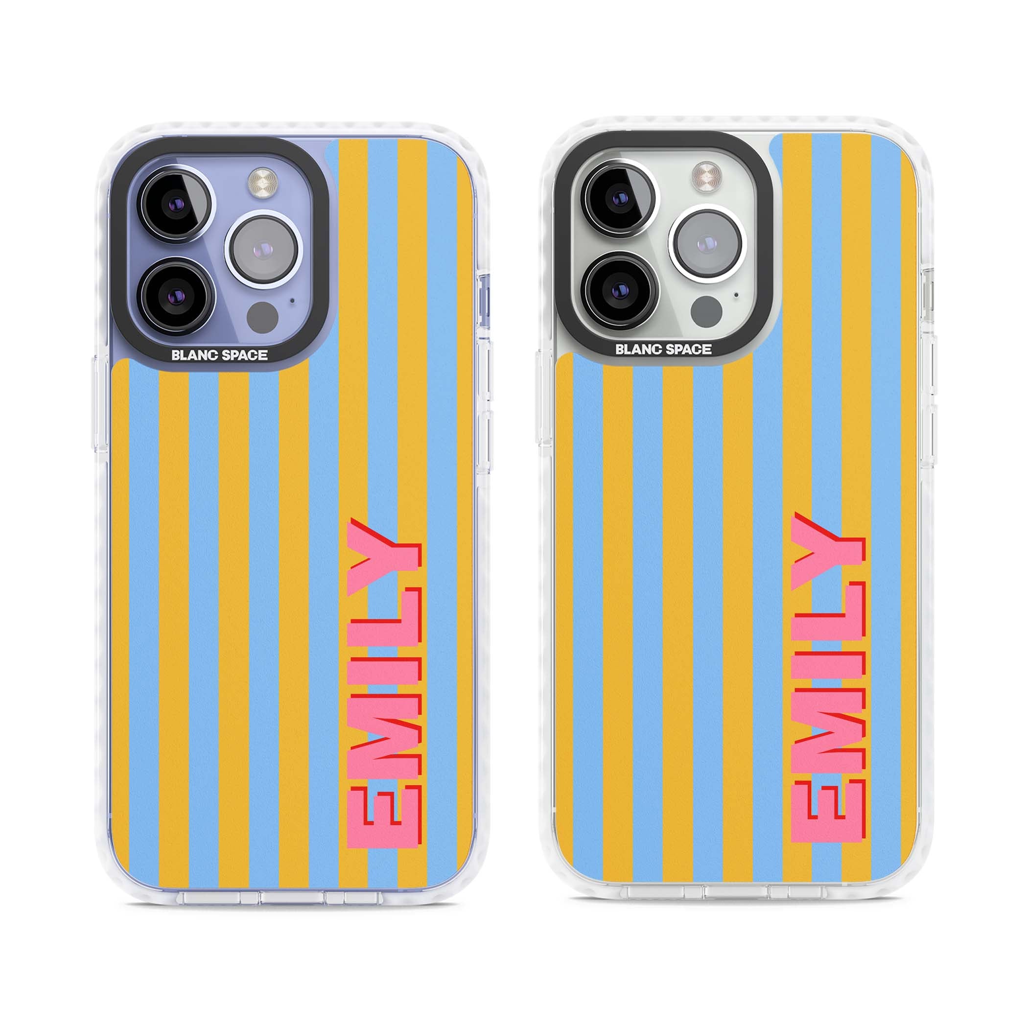 Carribean Stripe personalised coastal iPhone case with yellow and blue vertical stripes and a custom pink name | Clear Impact case for iPhone 13 Pro, iPhone 14 Pro, iPhone 15 Pro