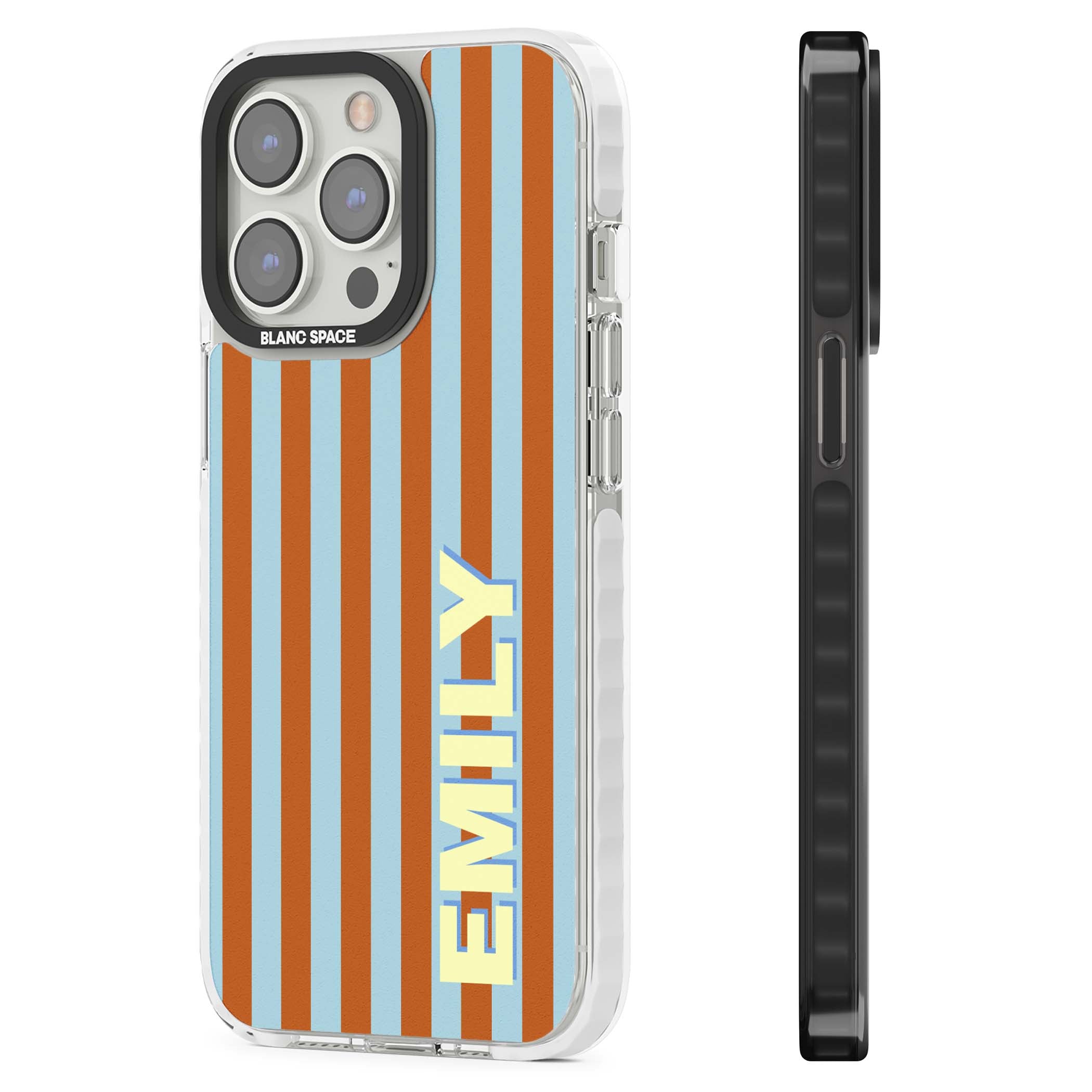 Cappadocia Stripe personalised coastal iPhone case featuring blue and orange vertical stripes with custom cream name | Clear Impact case for iPhone 13 Pro, iPhone 14 Pro, iPhone 15 Pro