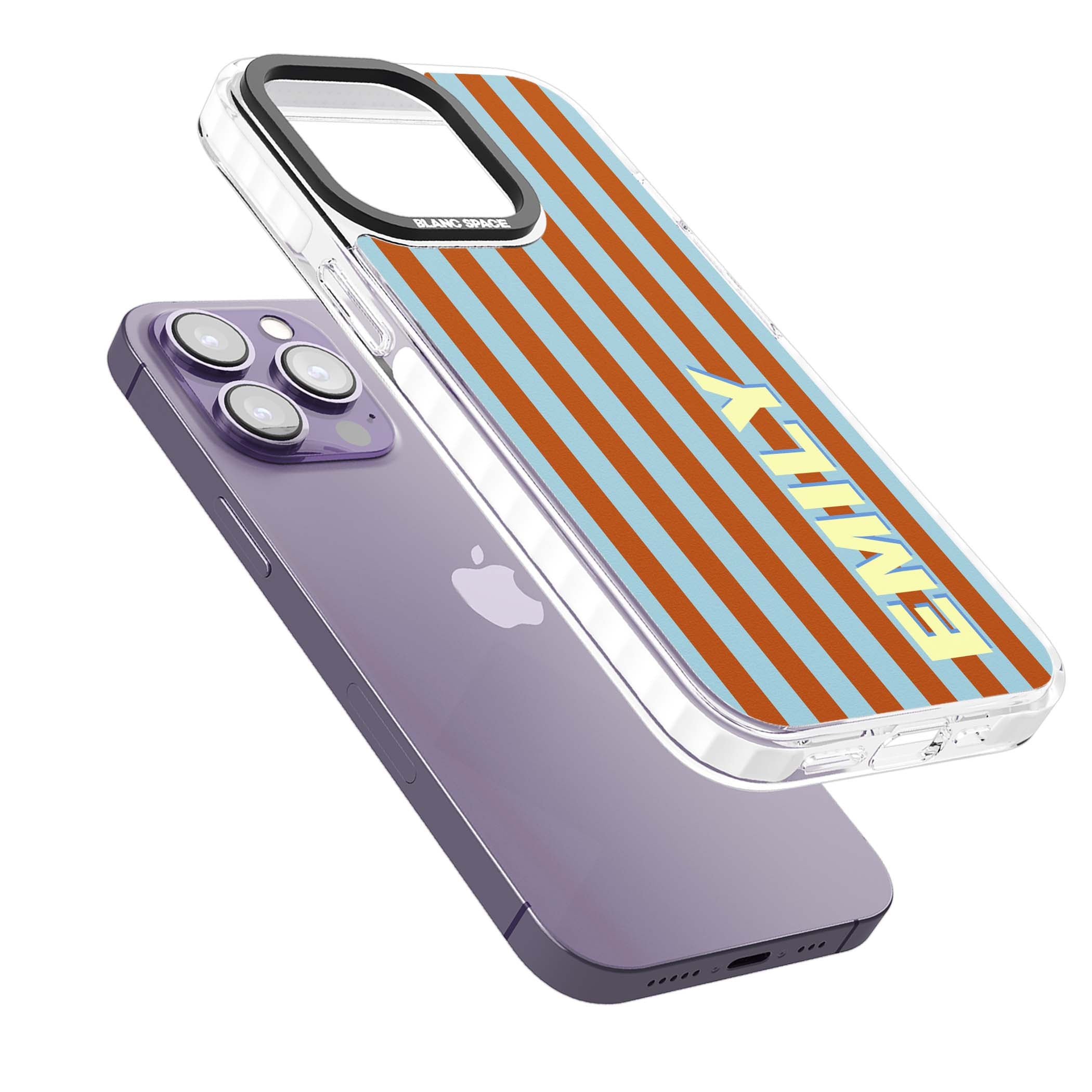 Cappadocia Stripe personalised coastal iPhone case featuring blue and orange vertical stripes with custom cream name | Clear Impact case for iPhone 13 Pro, iPhone 14 Pro, iPhone 15 Pro