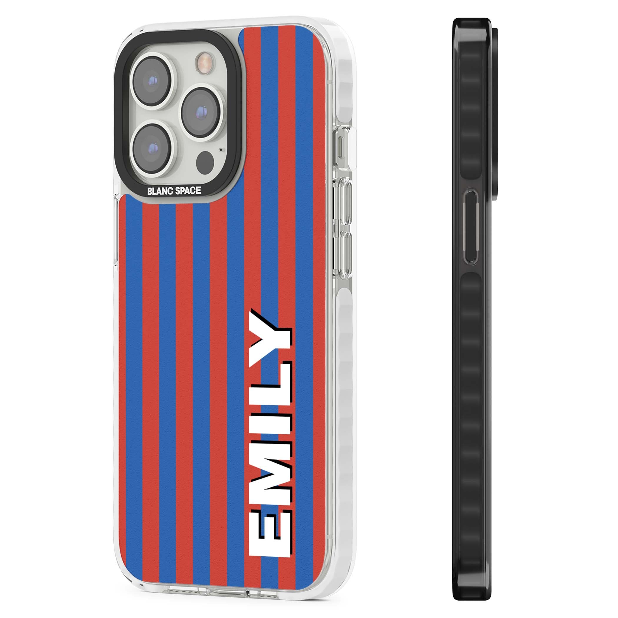 Cuban Stripe personalised iPhone case featuring red and blue vertical stripes with custom name in bold white letters | Clear Impact case for iPhone 13 Pro, iPhone 14 Pro, iPhone 15 Pro
