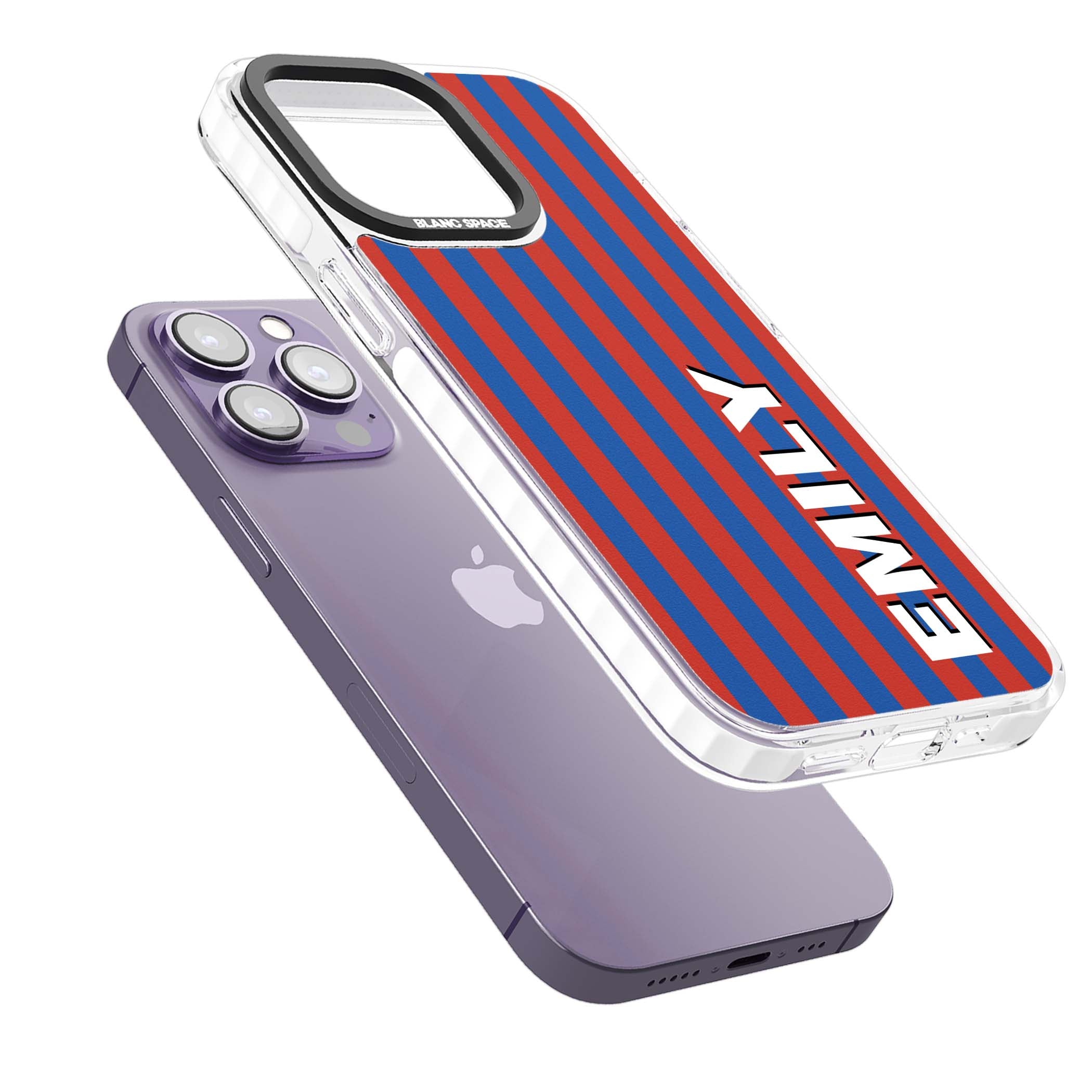 Cuban Stripe personalised iPhone case featuring red and blue vertical stripes with custom name in bold white letters | Clear Impact case for iPhone 13 Pro, iPhone 14 Pro, iPhone 15 Pro