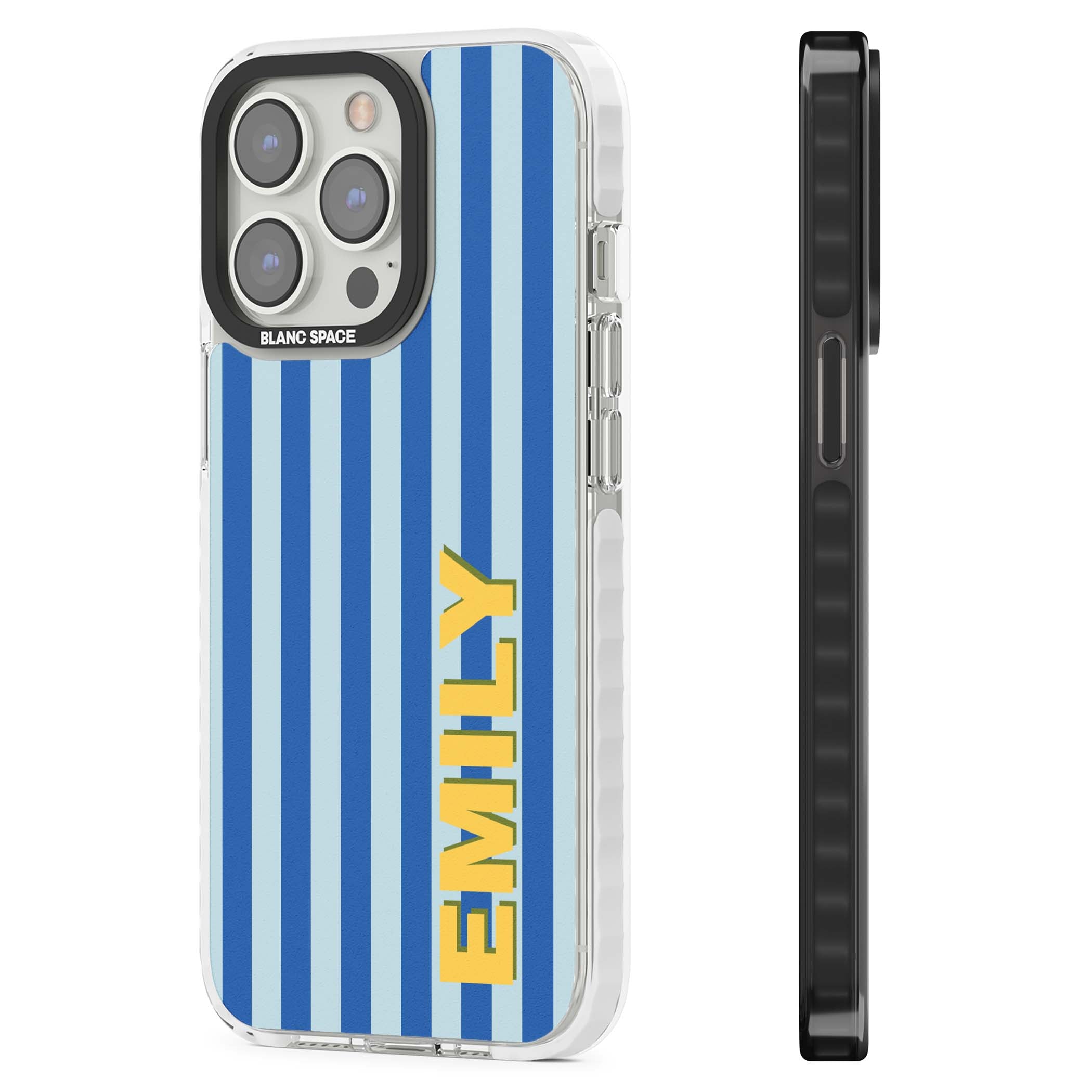 Athenian Stripe personalised preppy iPhone case featuring blue vertical stripes and a custom yellow name | Clear Impact case for iPhone 13 Pro, iPhone 14 Pro, iPhone 15 Pro