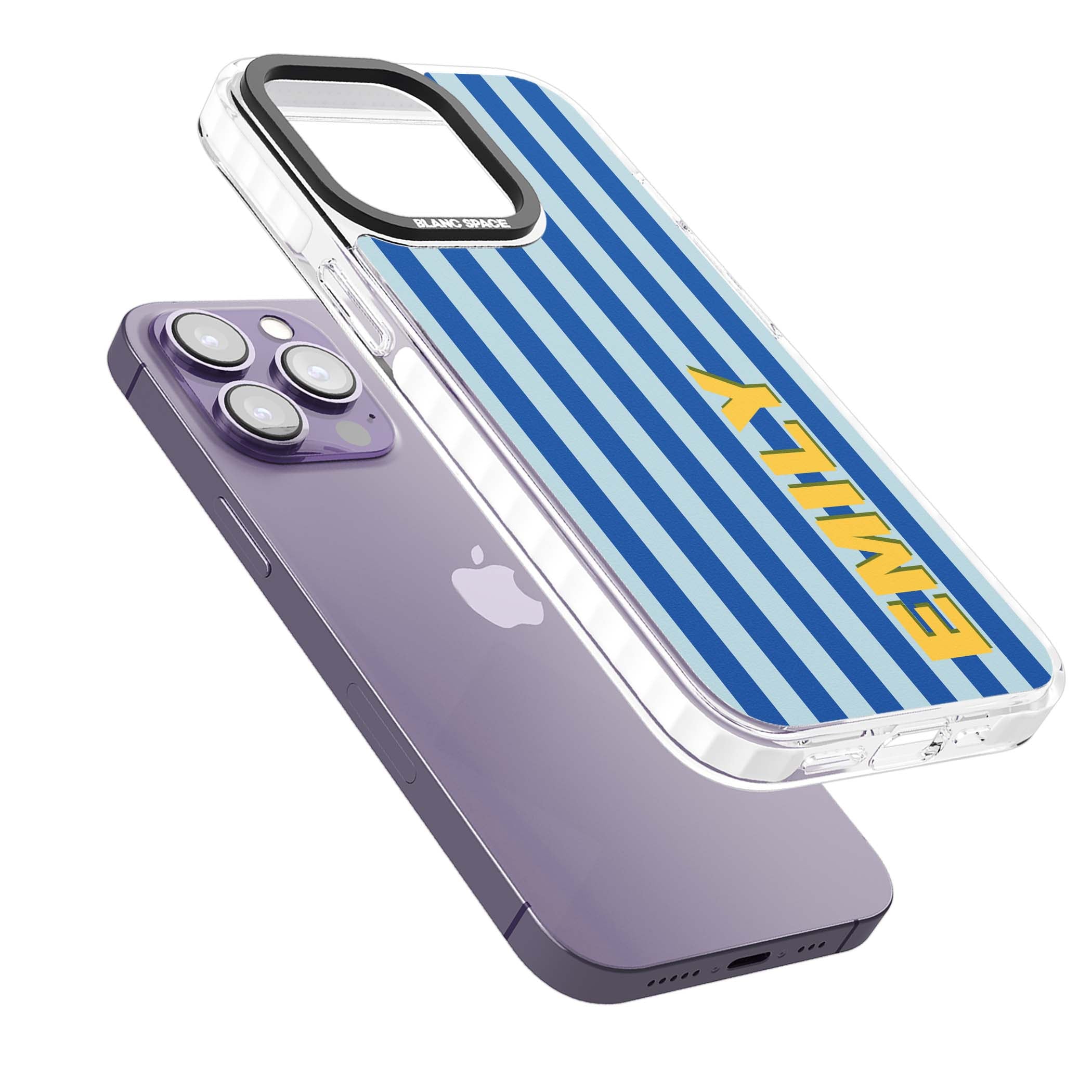 Athenian Stripe personalised preppy iPhone case featuring blue vertical stripes and a custom yellow name | Clear Impact case for iPhone 13 Pro, iPhone 14 Pro, iPhone 15 Pro