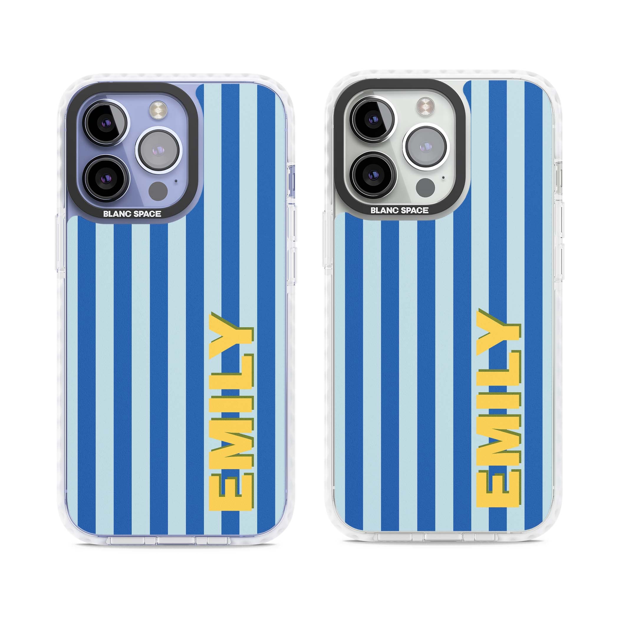 Athenian Stripe personalised preppy iPhone case featuring blue vertical stripes and a custom yellow name | Clear Impact case for iPhone 13 Pro, iPhone 14 Pro, iPhone 15 Pro