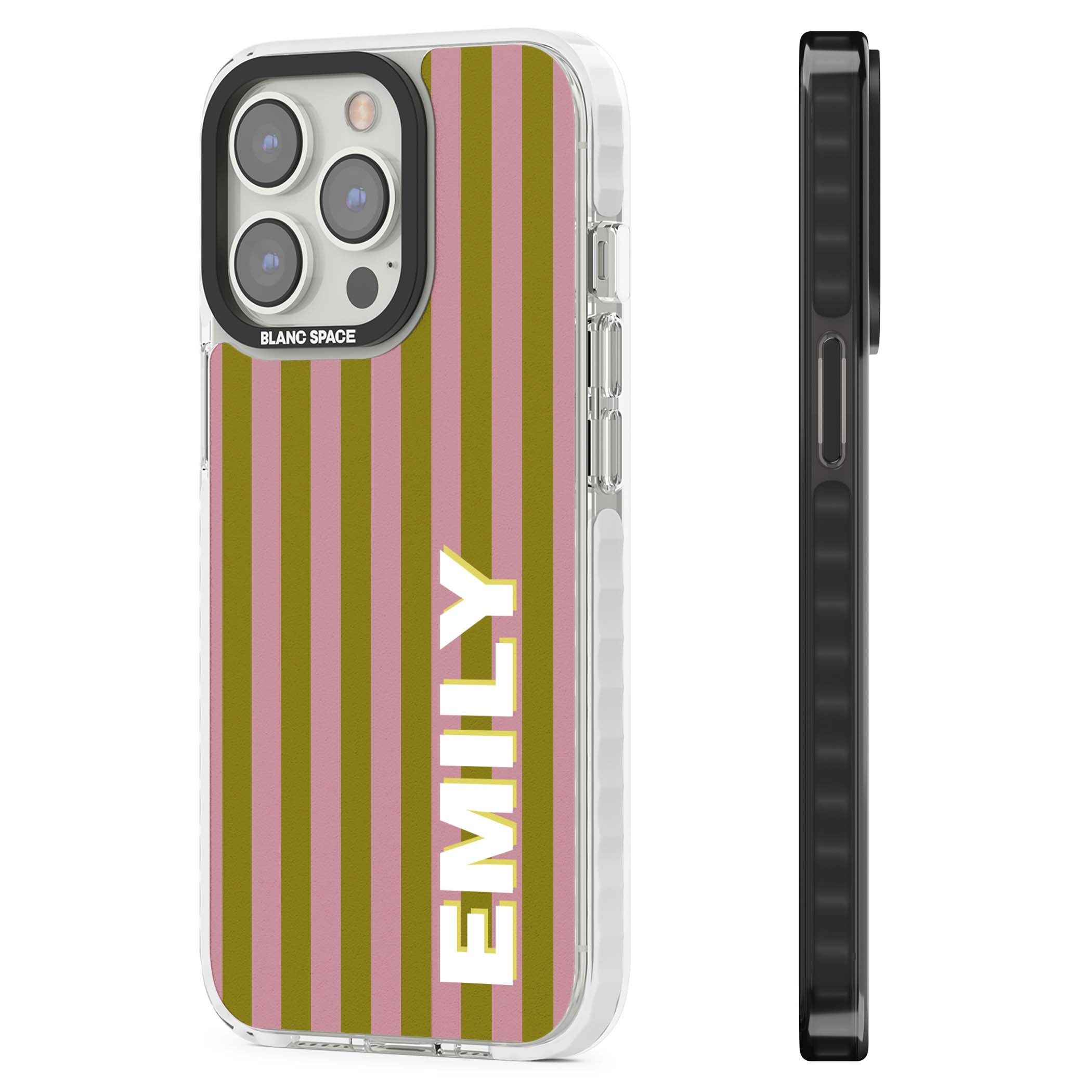 Istanbul Stripe personalised iPhone case featuring pink and olive green vertical stripes with a custom vertical name | Clear Impact case for iPhone 13 Pro, iPhone 14 Pro, iPhone 15 Pro