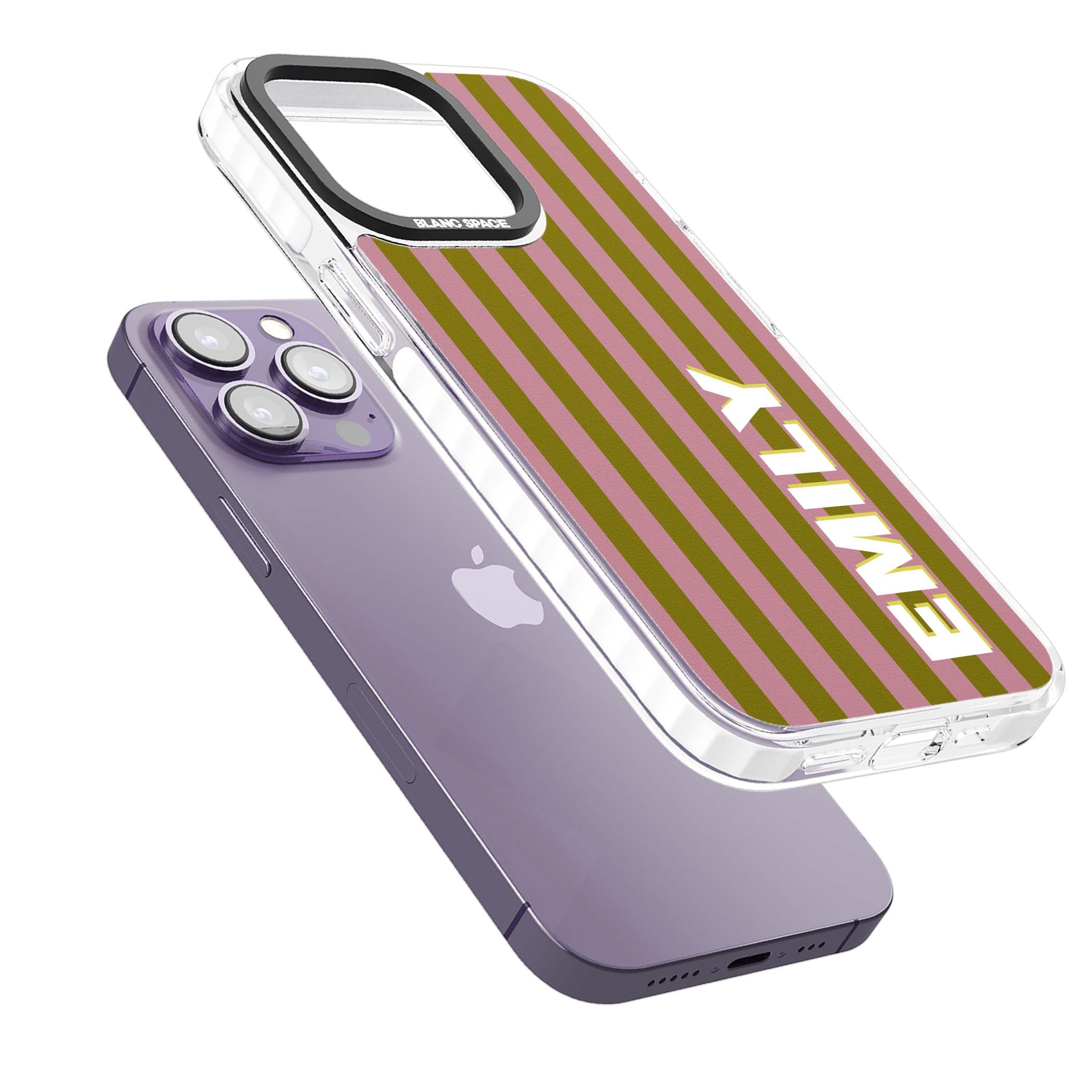 Istanbul Stripe personalised iPhone case featuring pink and olive green vertical stripes with a custom vertical name | Clear Impact case for iPhone 13 Pro, iPhone 14 Pro, iPhone 15 Pro