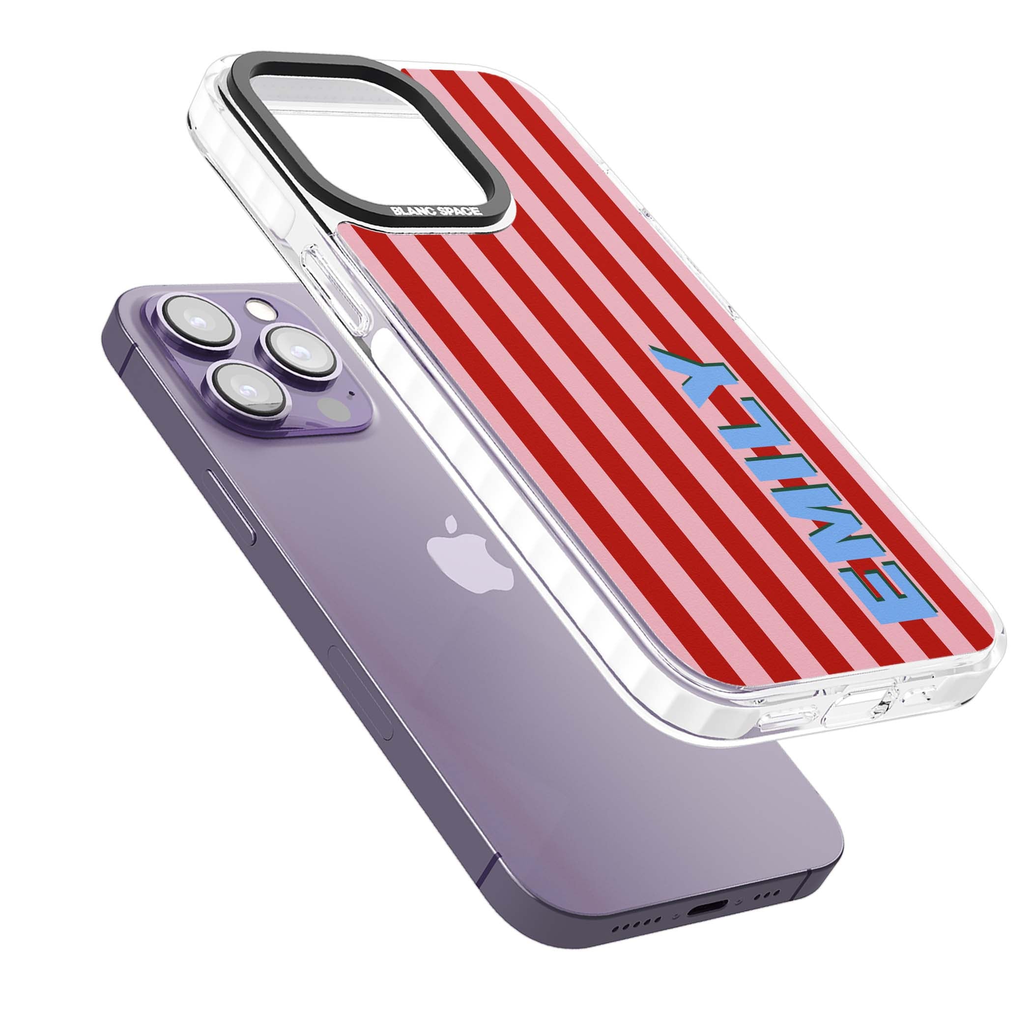 Market Stripe personalised iPhone case with red and pink vertical stripes and custom blue name | Clear Impact case for iPhone 13 Pro, iPhone 14 Pro, iPhone 15 Pro