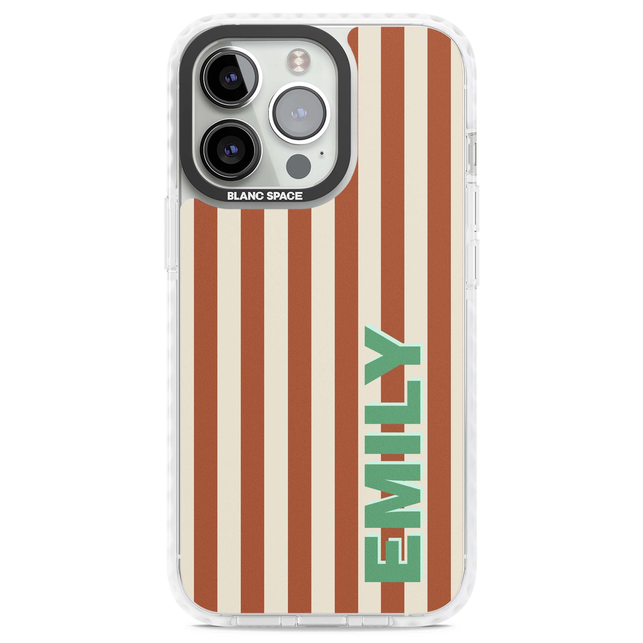 Dune Stripe personalised iPhone case with rust and cream vertical stripes and custom name in mint green | Clear Impact case for iPhone 13 Pro, iPhone 14 Pro, iPhone 15 Pro